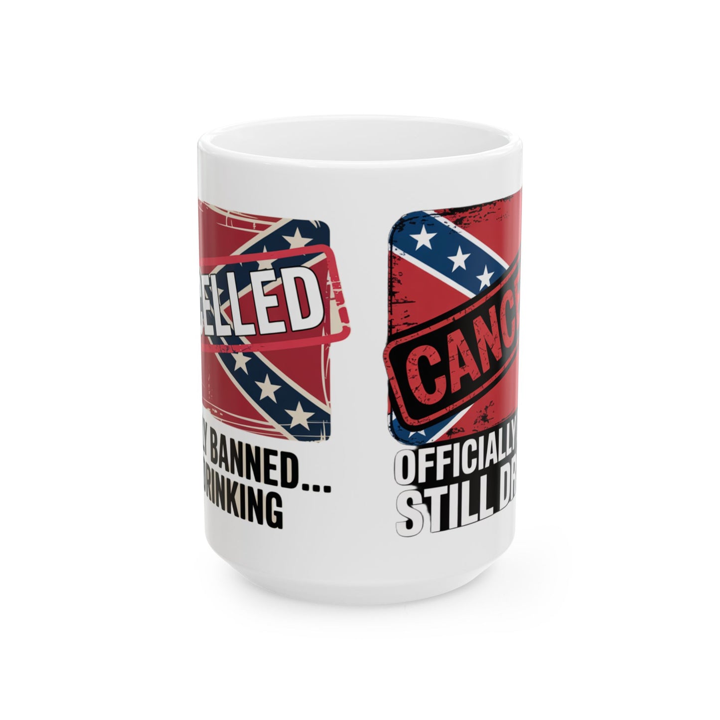 White Confederate flag coffee mug with a stamped cancelled design and bold text on both sides