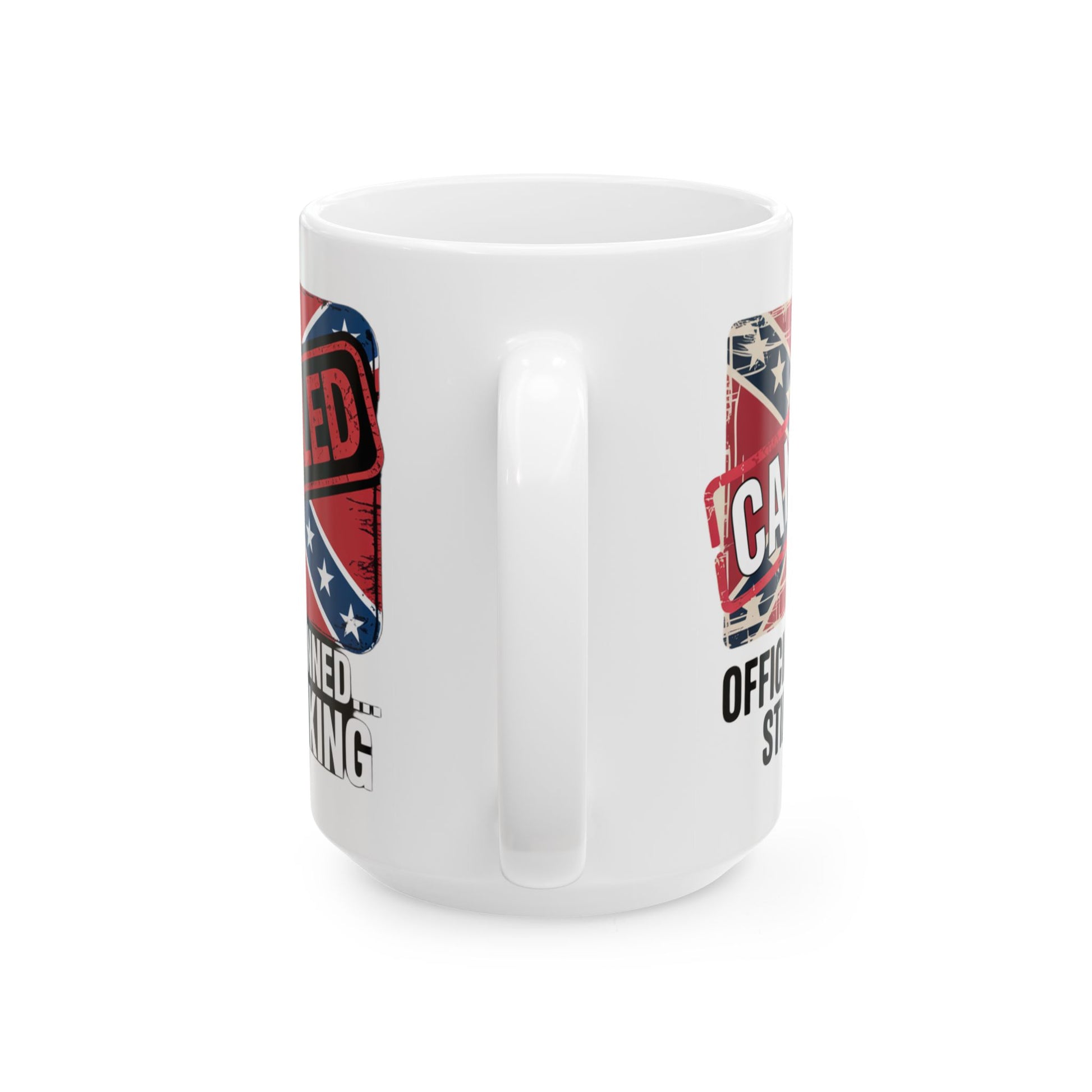 White mug featuring a distressed Confederate flag coffee mug design with bold text