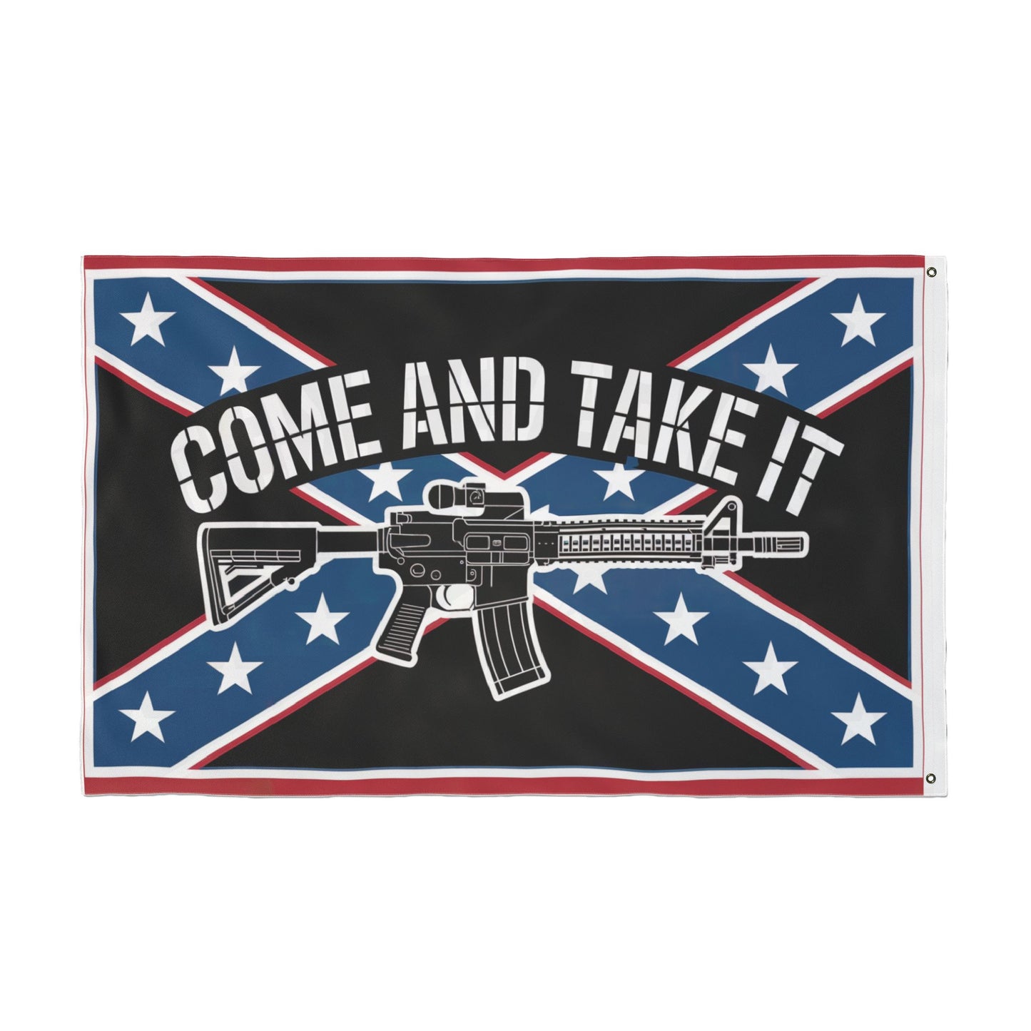 Come and Take It Confederate flag home decor with rifle graphic on black and blue background
