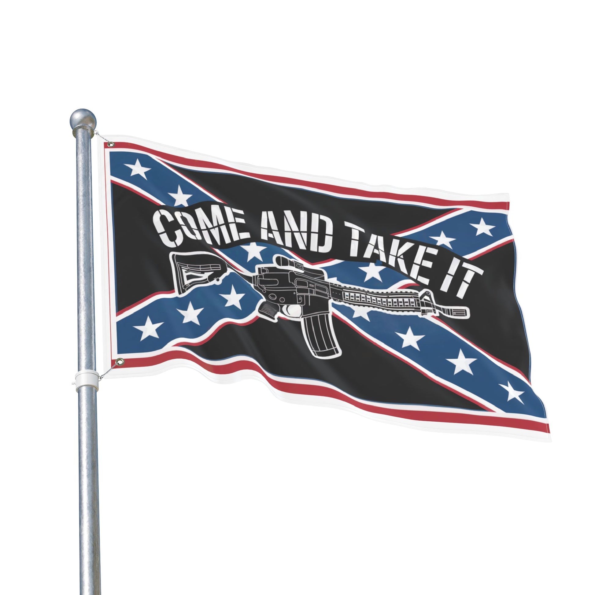 Come and Take It Confederate flag with rifle design flying on flagpole for home decor