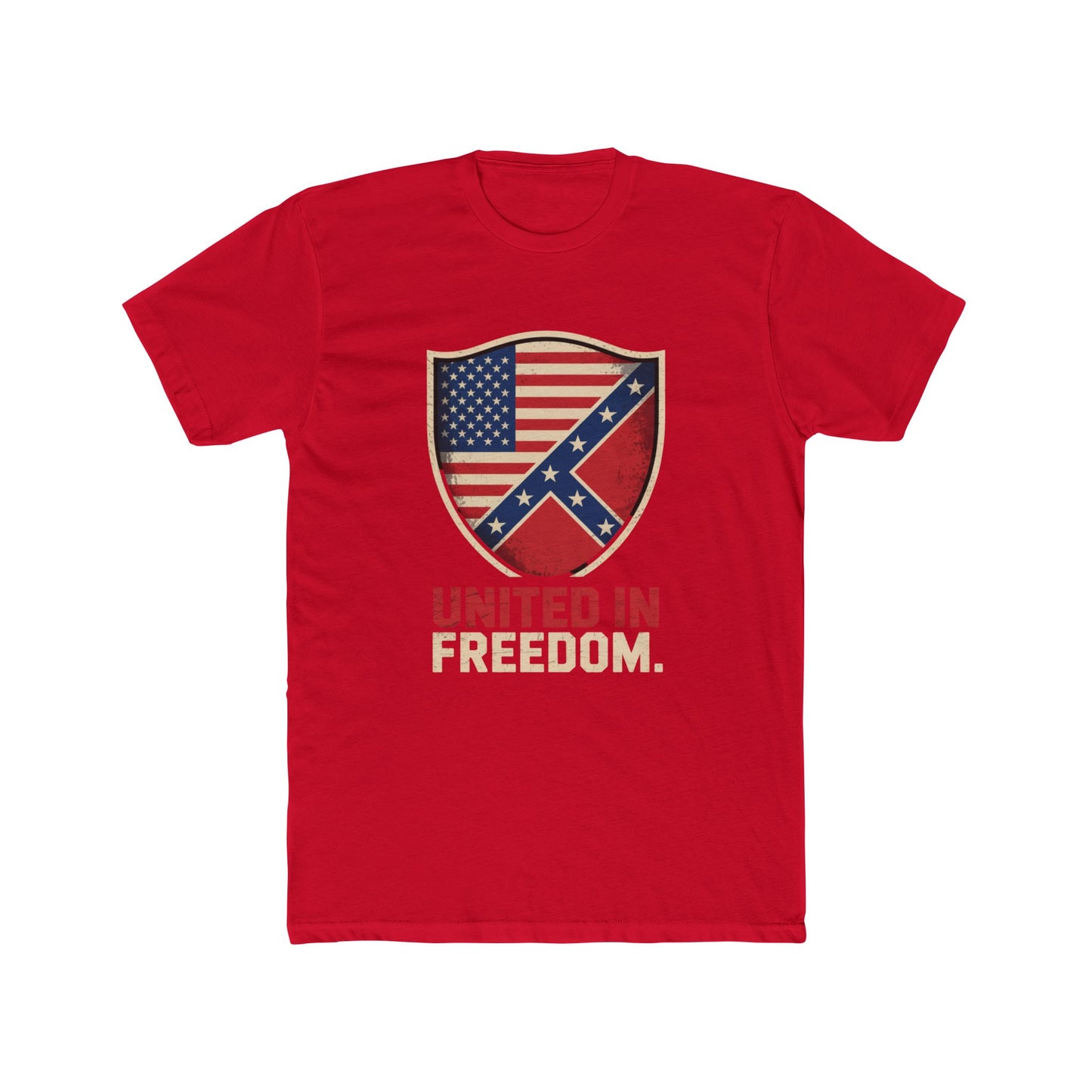 Red t-shirt with Confederate and US flag t-shirt design and united in freedom text