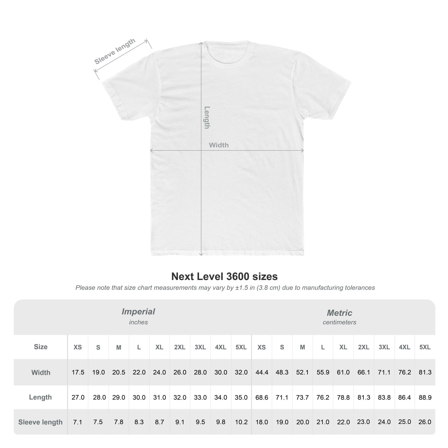 White Next Level 3600 T-shirt with size chart showing width length and sleeve length for Confederate and US flag t-shirt