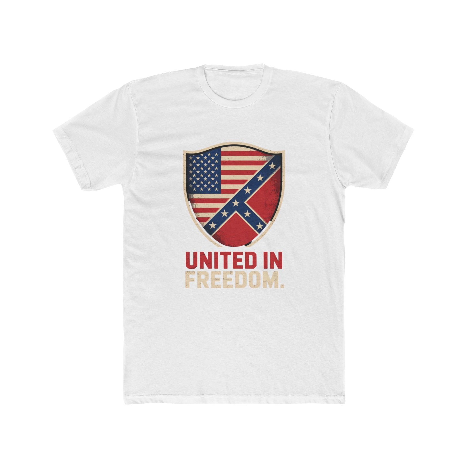 white Confederate and US flag t-shirt with shield design and United in Freedom text