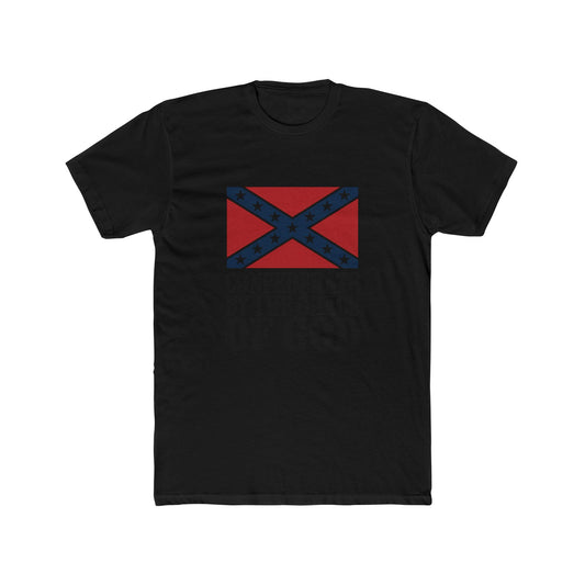 Black t-shirt featuring Confederate by the Grace of God t-shirt design with blue and red flag graphic