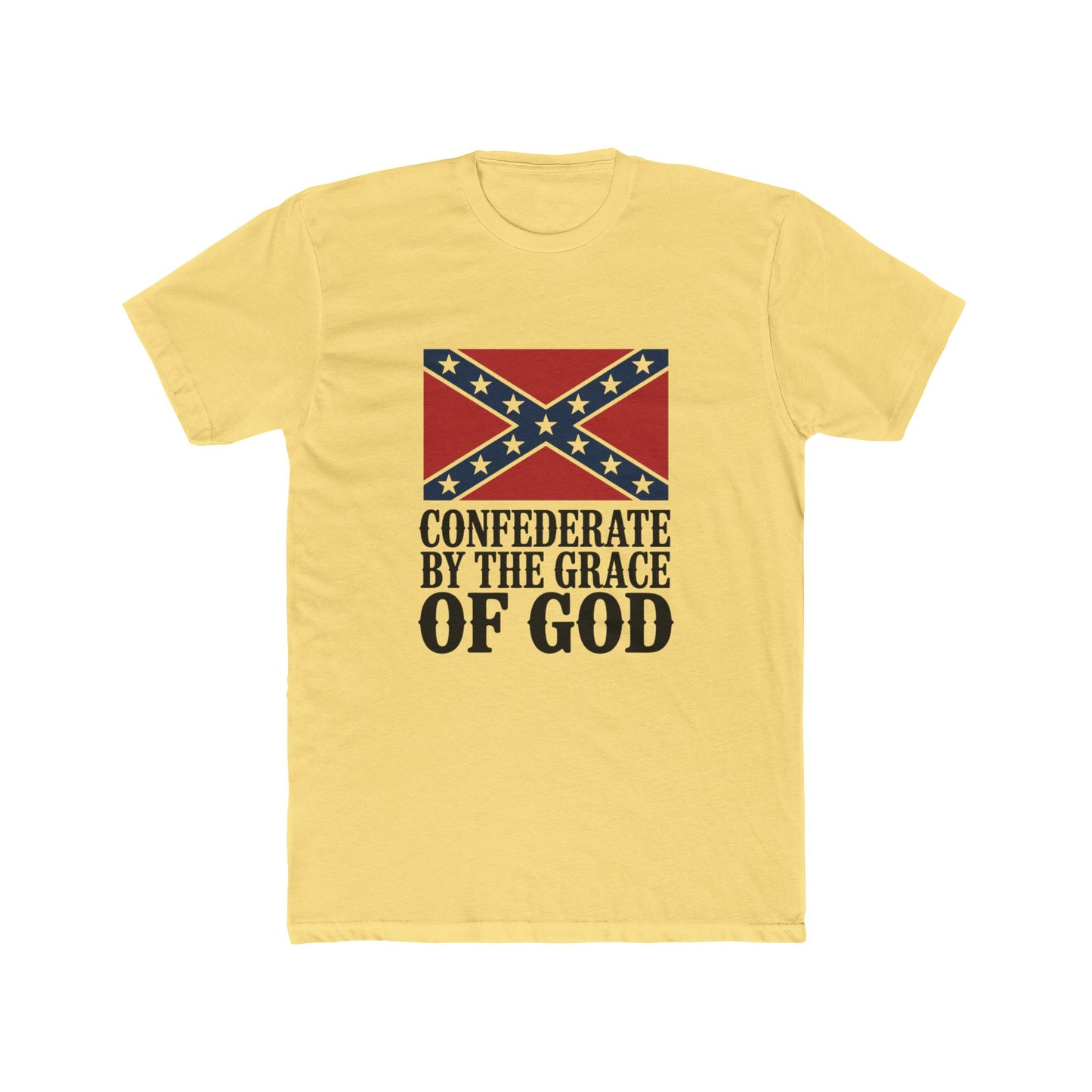 Yellow Confederate by the Grace of God t-shirt with Confederate flag graphic and bold black text