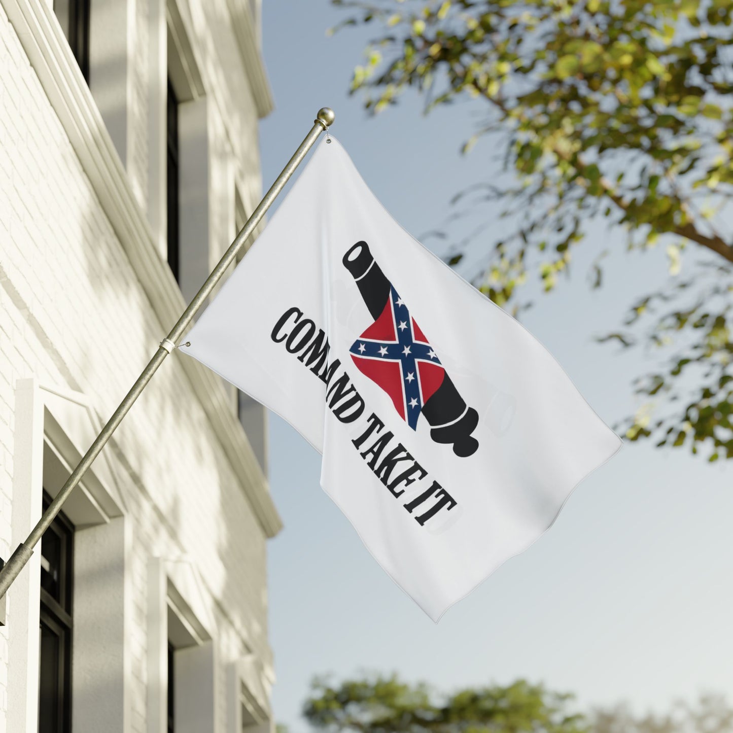 Confederate Come and Take It flag with cannon design flying on a house exterior flagpole