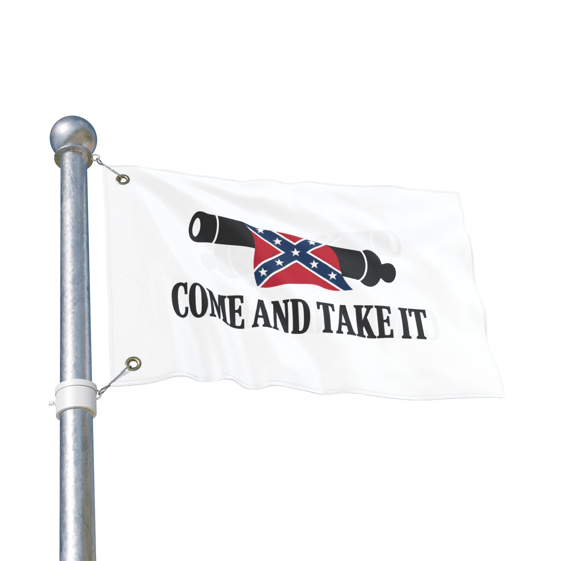 Confederate Come and Take It flag with cannon design on white background displayed on flagpole