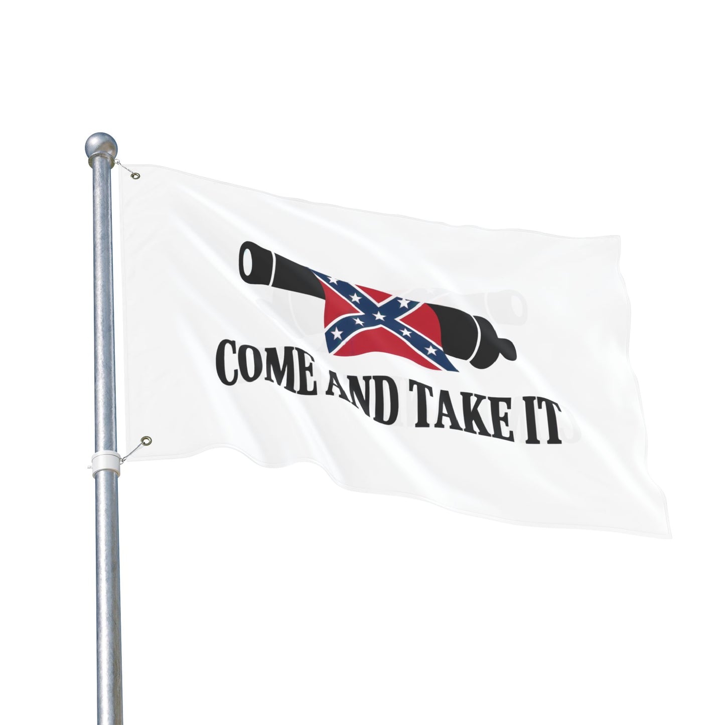 Confederate Come and Take It flag with cannon and text on white background
