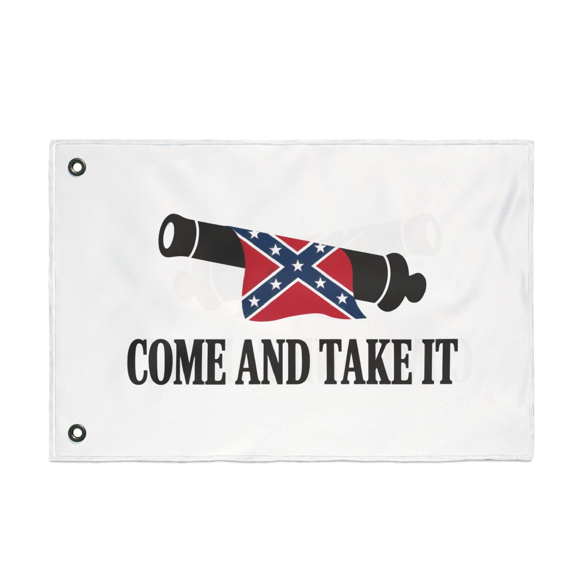Confederate Come and Take It flag with cannon graphic and bold text on white background home decor