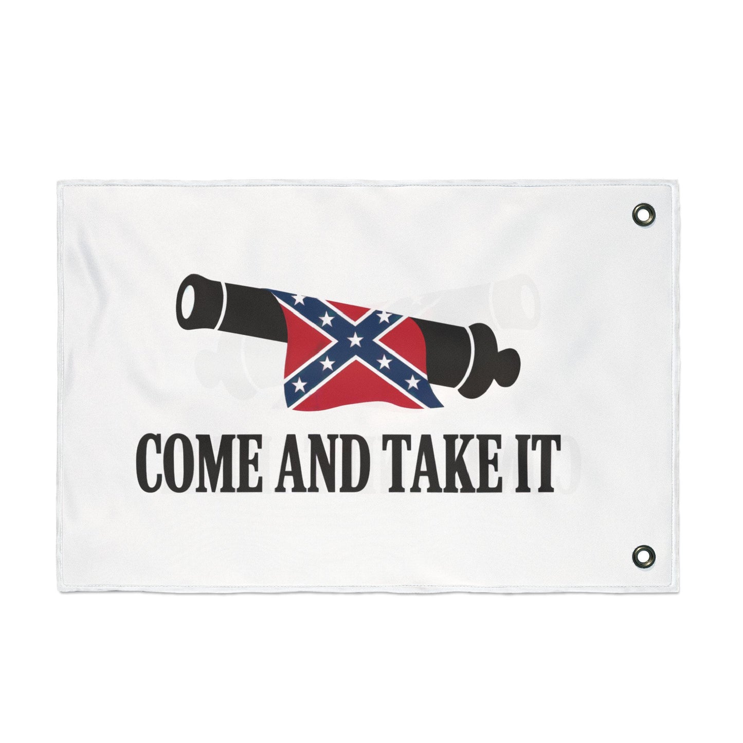 Confederate Come and Take It flag with cannon graphic on white fabric home decor