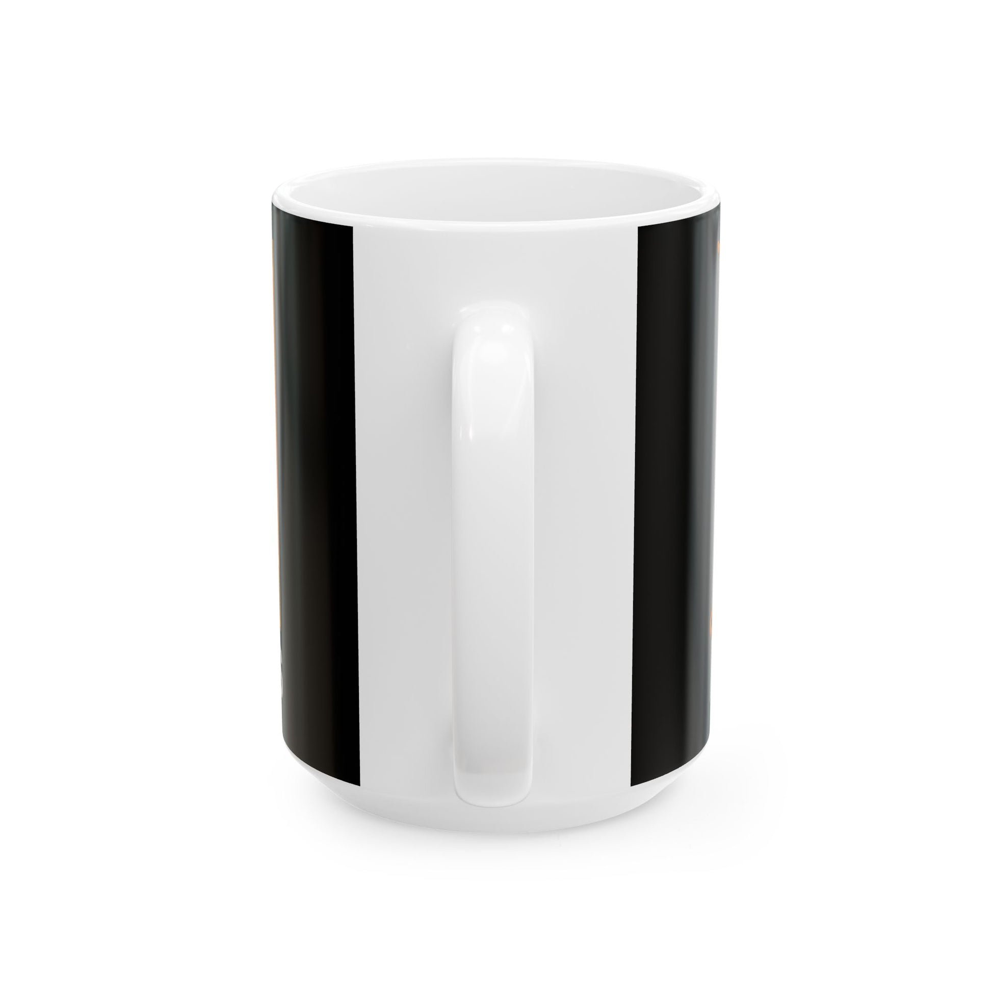 White ceramic mug with black stripes shown from the back view with handle visible