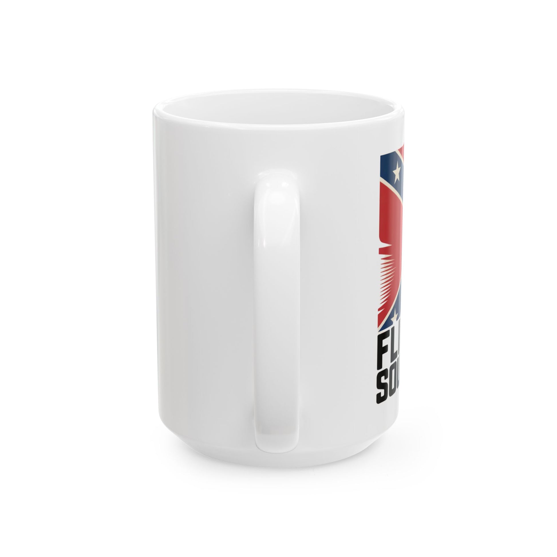 White mug showing handle and partial Confederate flag coffee mug design