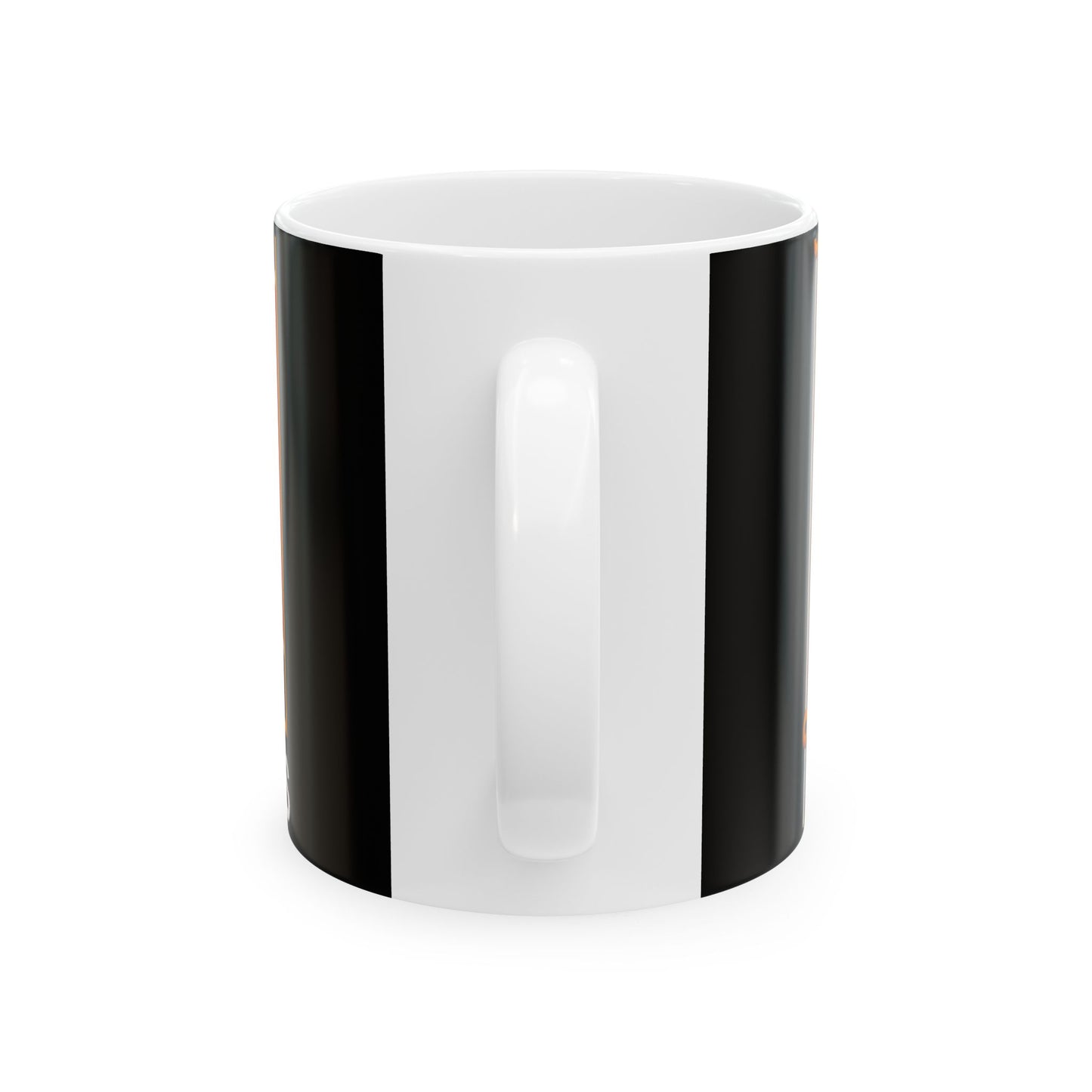 White ceramic mug with black vertical stripes shown from the back with handle visible