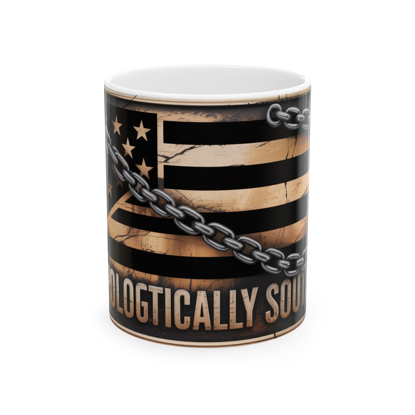 Confederate flag coffee mug with distressed American flag design and chain graphic