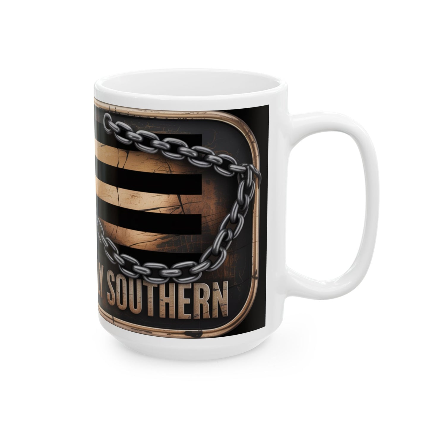 White mug featuring a Confederate flag coffee mug design with chain and southern theme