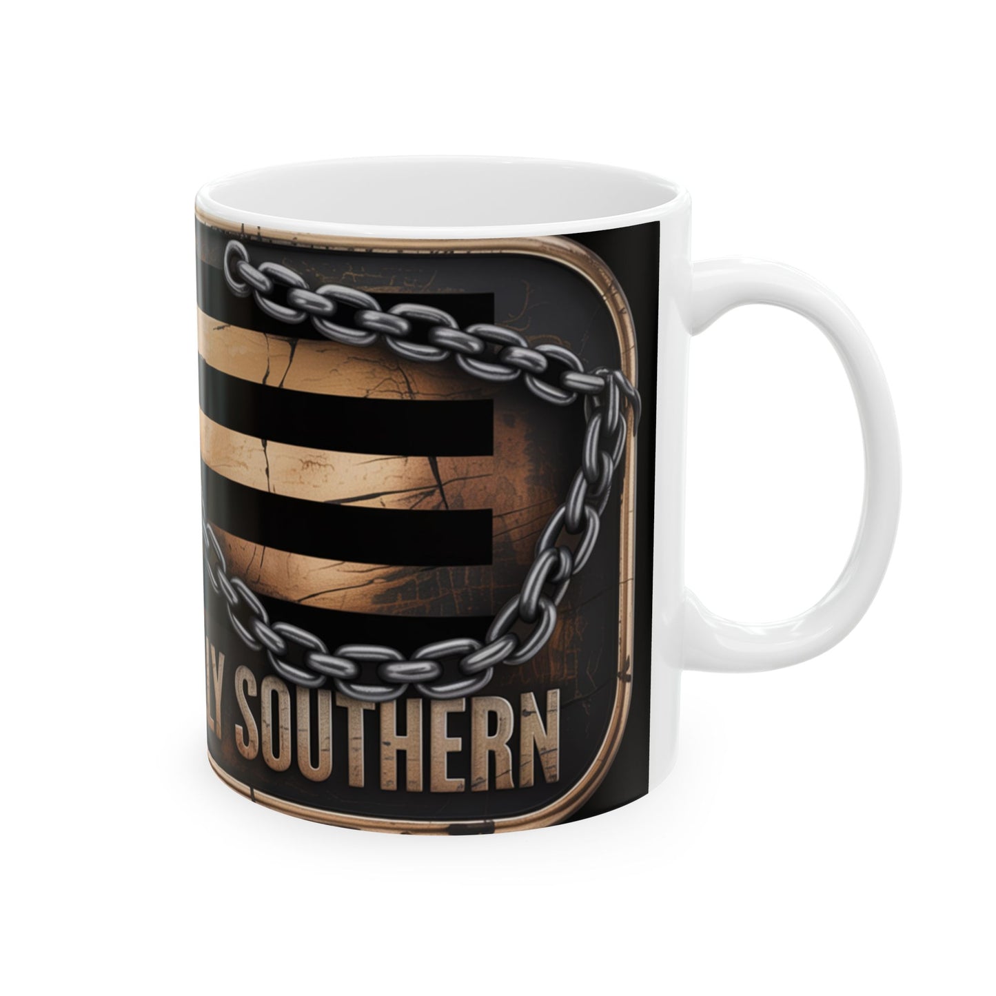 White ceramic Confederate flag coffee mug featuring a vintage flag design with chain accents