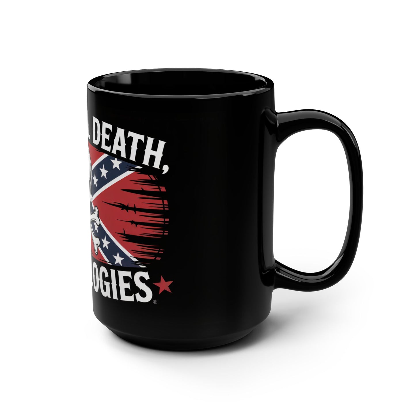 Black confederate flag coffee mug with bold graphic design and large handle