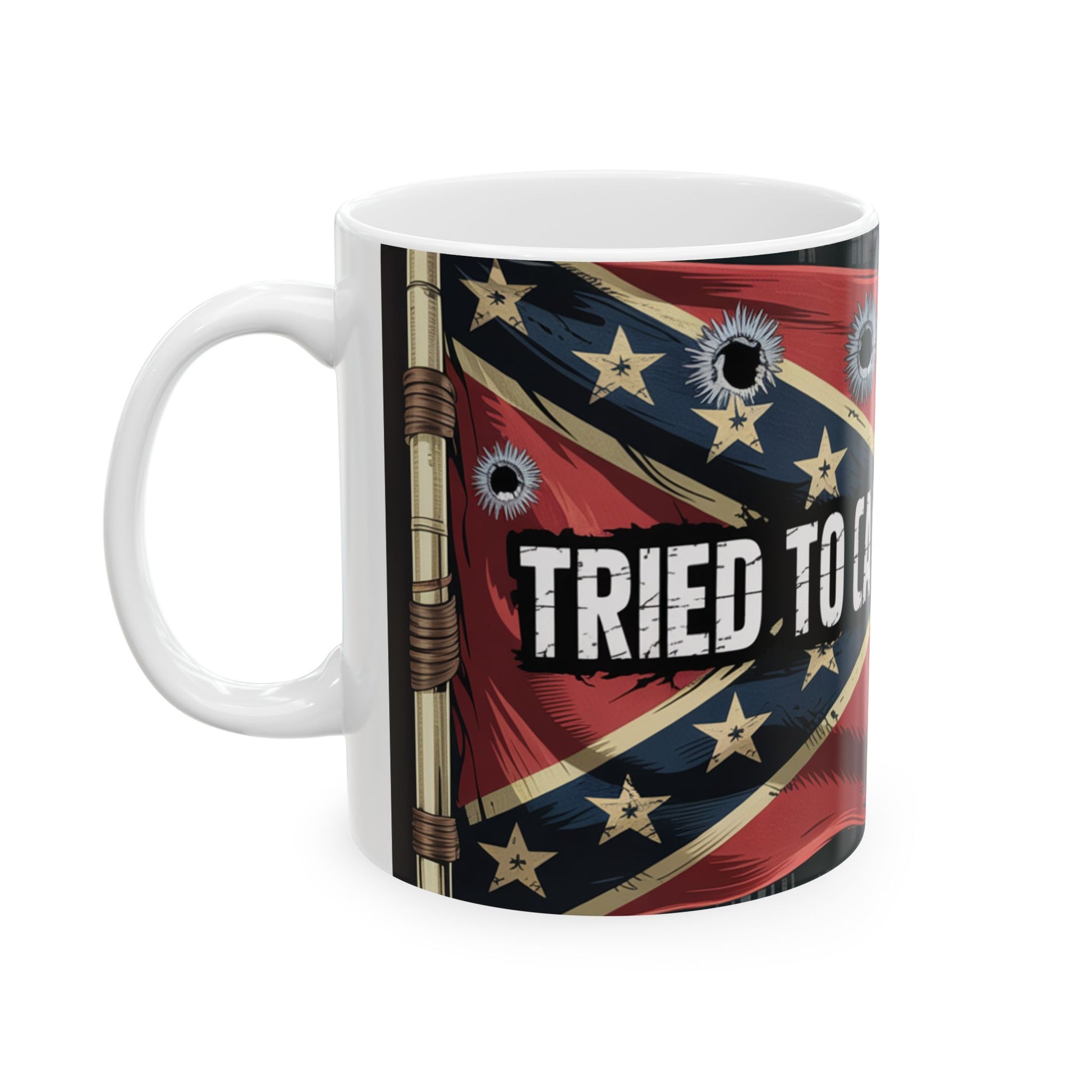 Confederate flag coffee mug with distressed design and bullet hole graphics