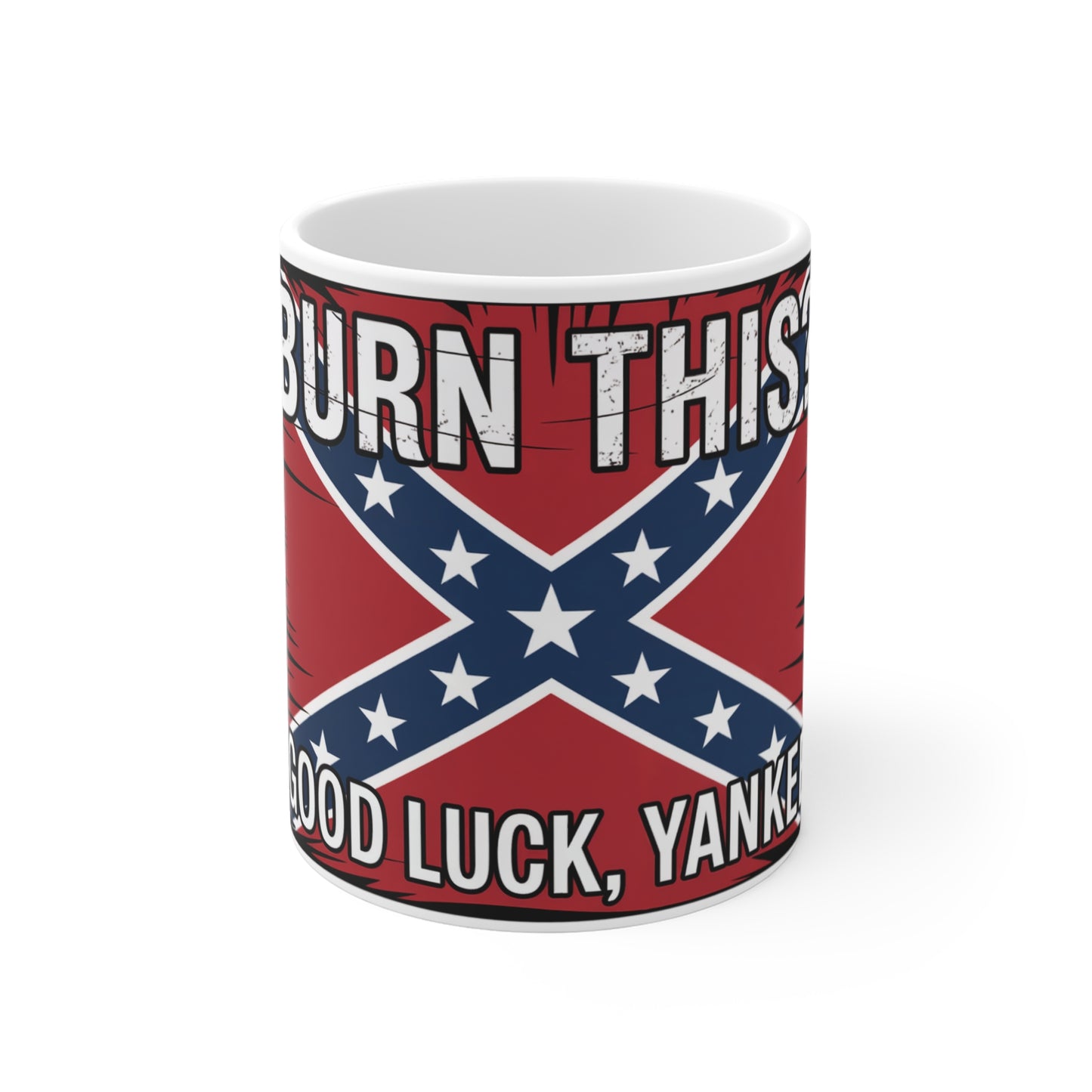 Confederate flag coffee mug featuring a bold rebel flag design with text on red background