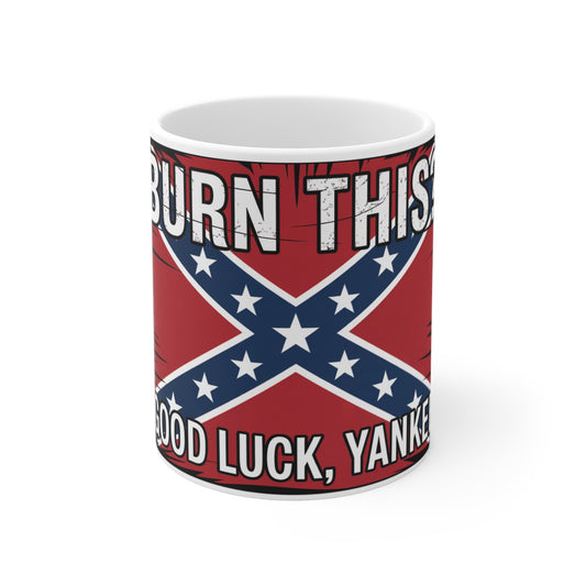 Confederate flag coffee mug featuring a bold rebel flag design with text on red background