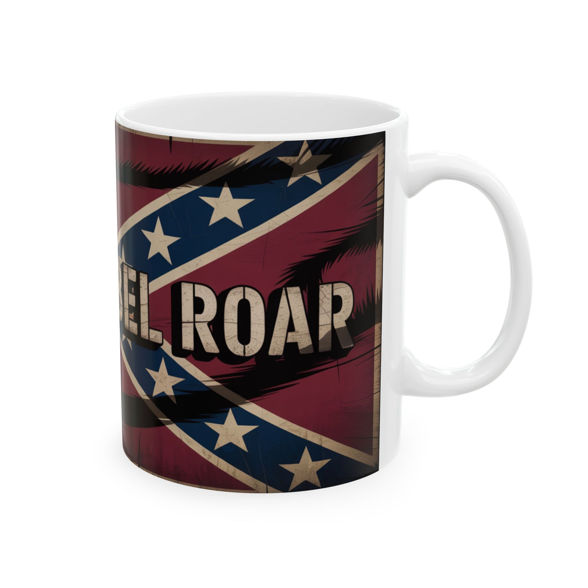 Confederate flag coffee mug with vintage distressed design and bold text on white ceramic