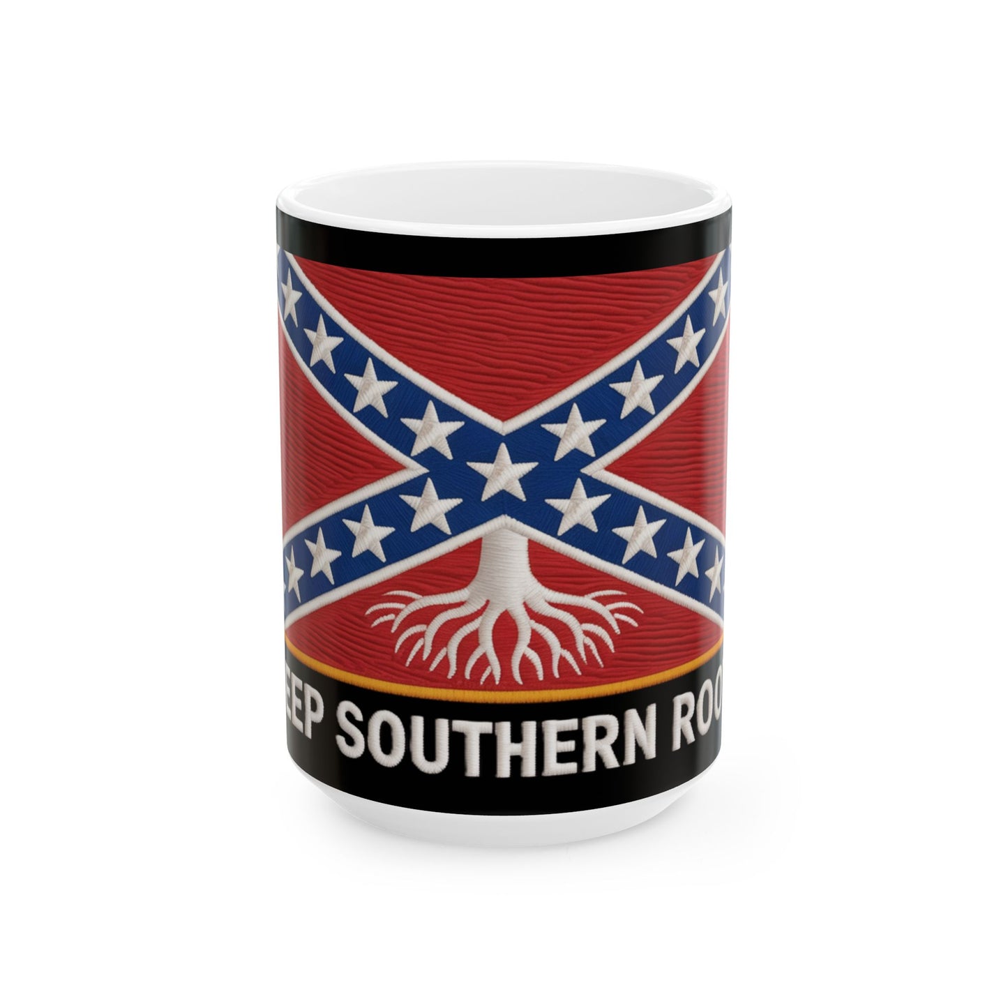 Confederate flag coffee mug with Keep Southern Roots design and tree root graphic