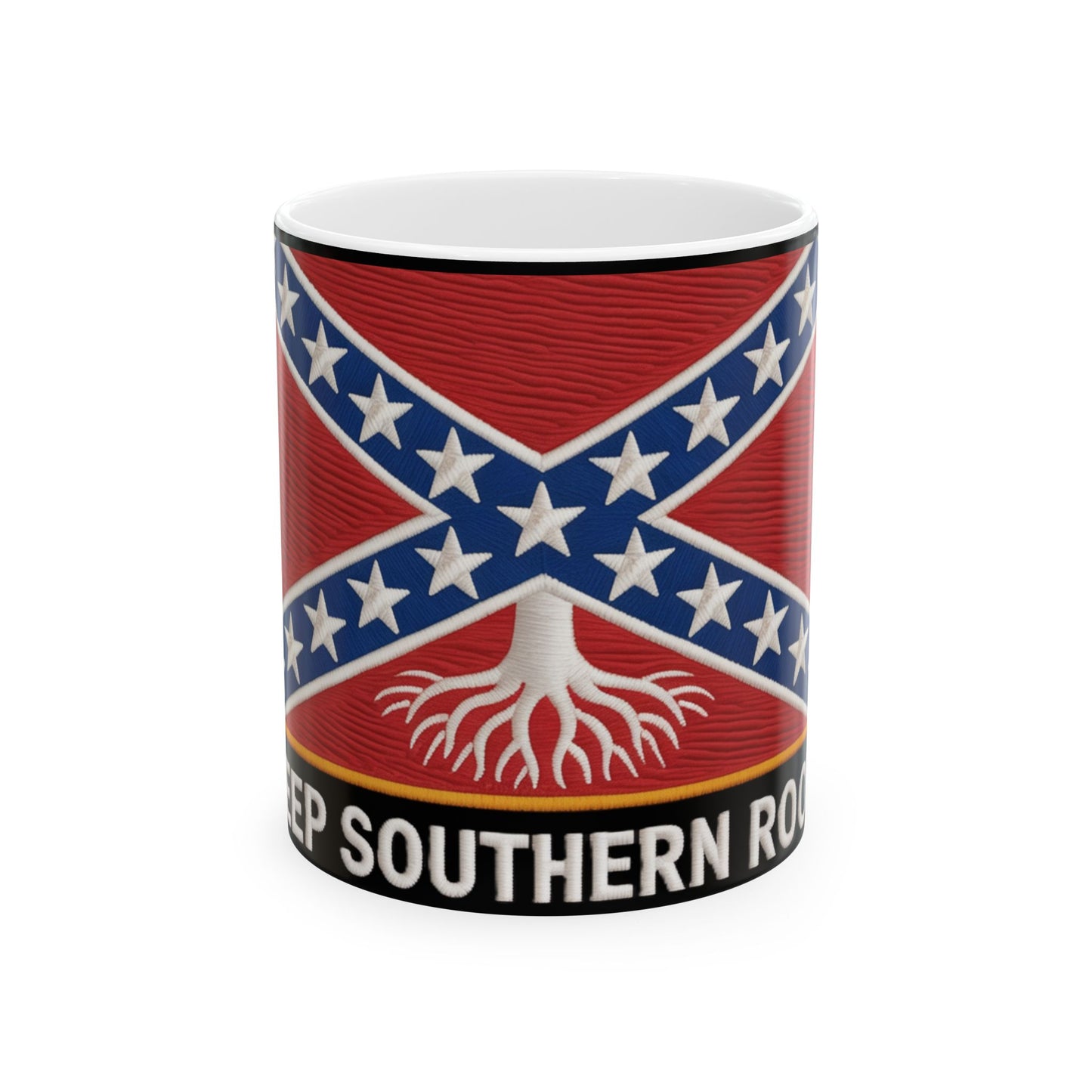 Confederate flag coffee mug with red, white, and blue design and southern roots text
