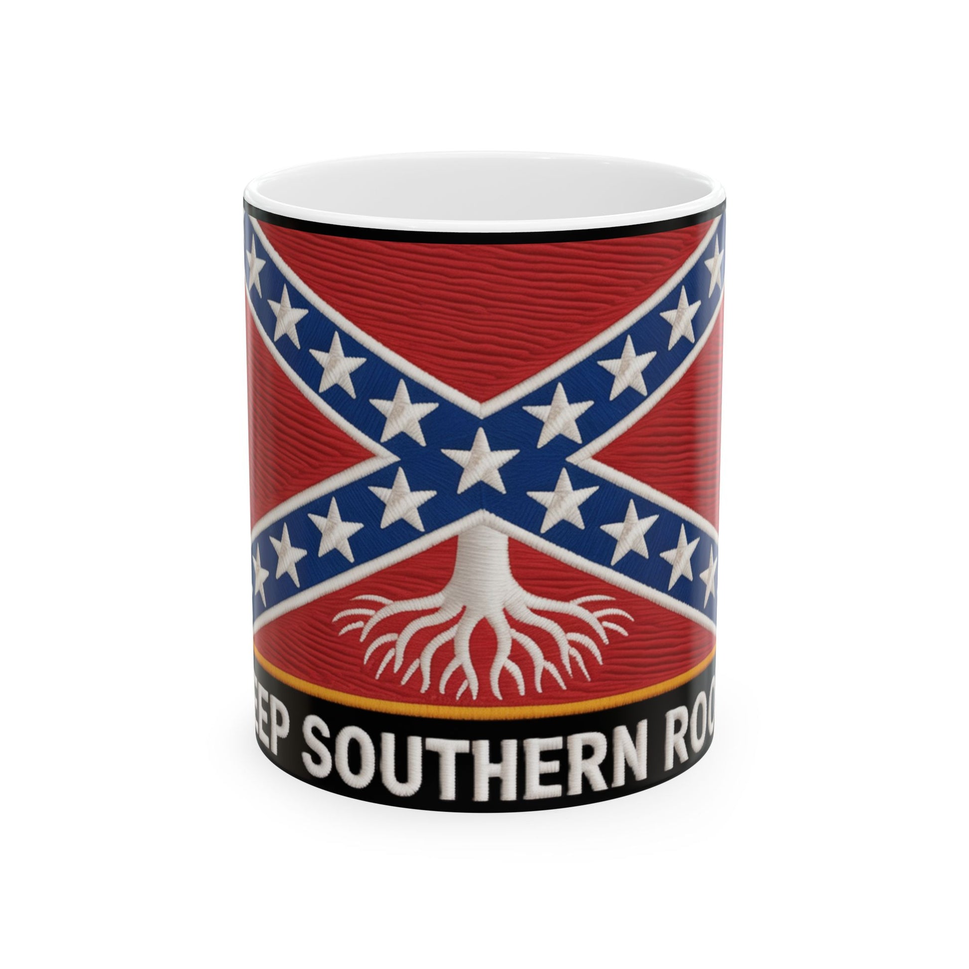 Confederate flag coffee mug with red, white, and blue design and southern roots text