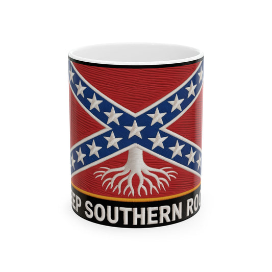 Confederate flag coffee mug with red, white, and blue design and southern roots text