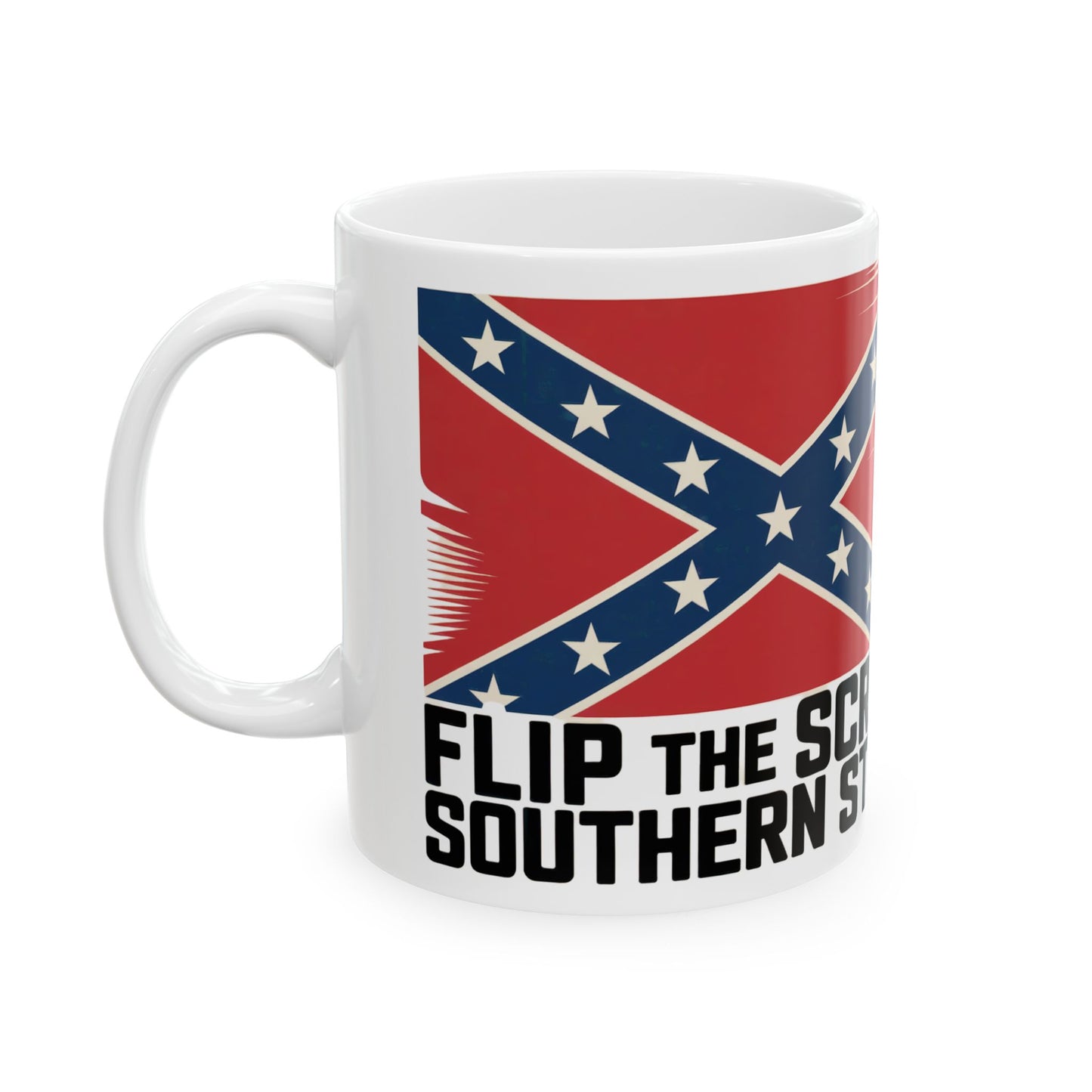 white ceramic Confederate flag coffee mug with patriotic design and bold text