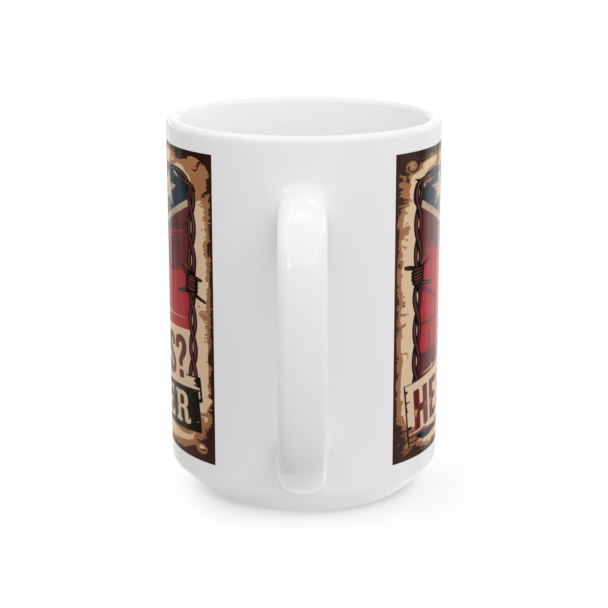 White ceramic confederate flag coffee mug with vintage style graphic design and text