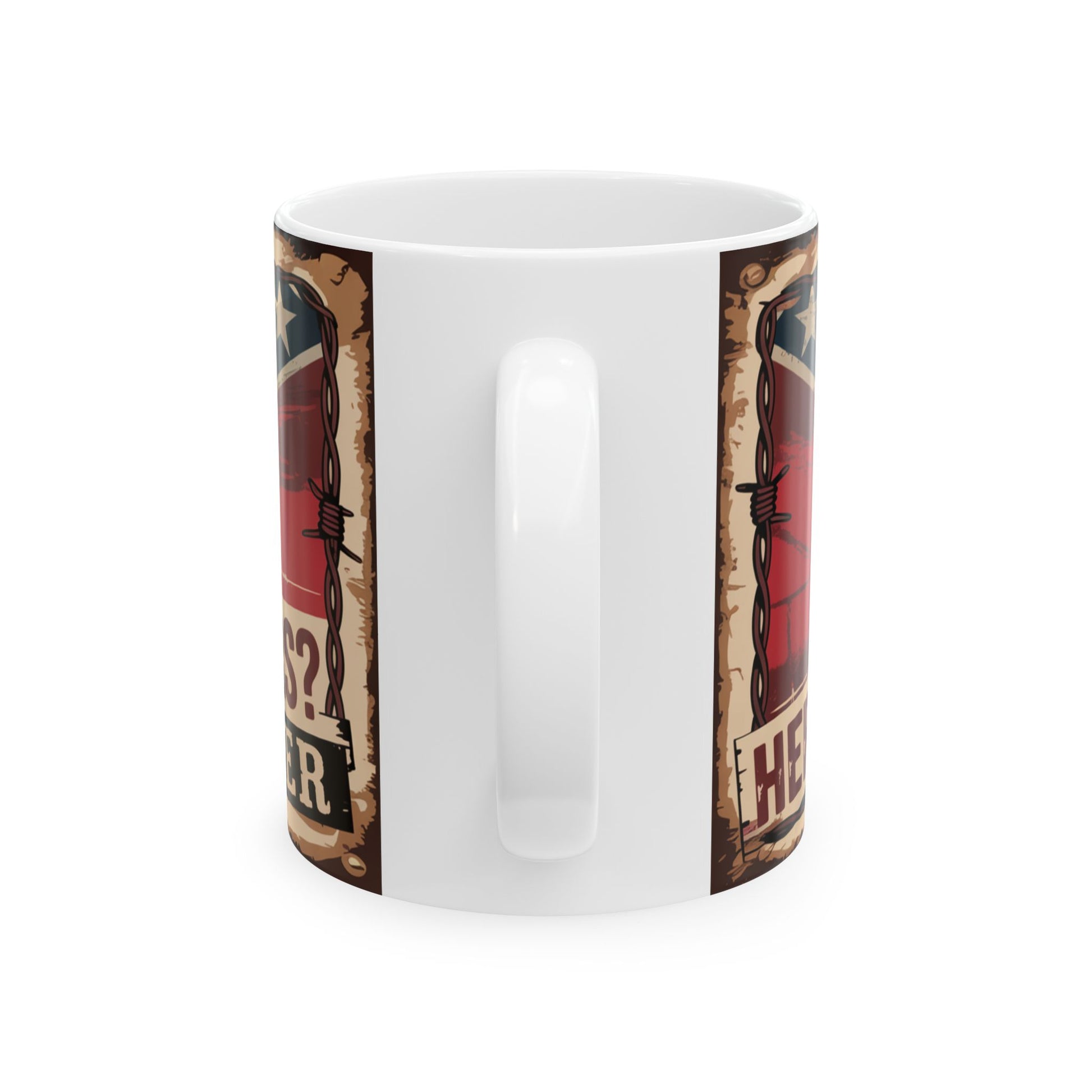 White confederate flag coffee mug with vintage styled graphic and barbed wire design