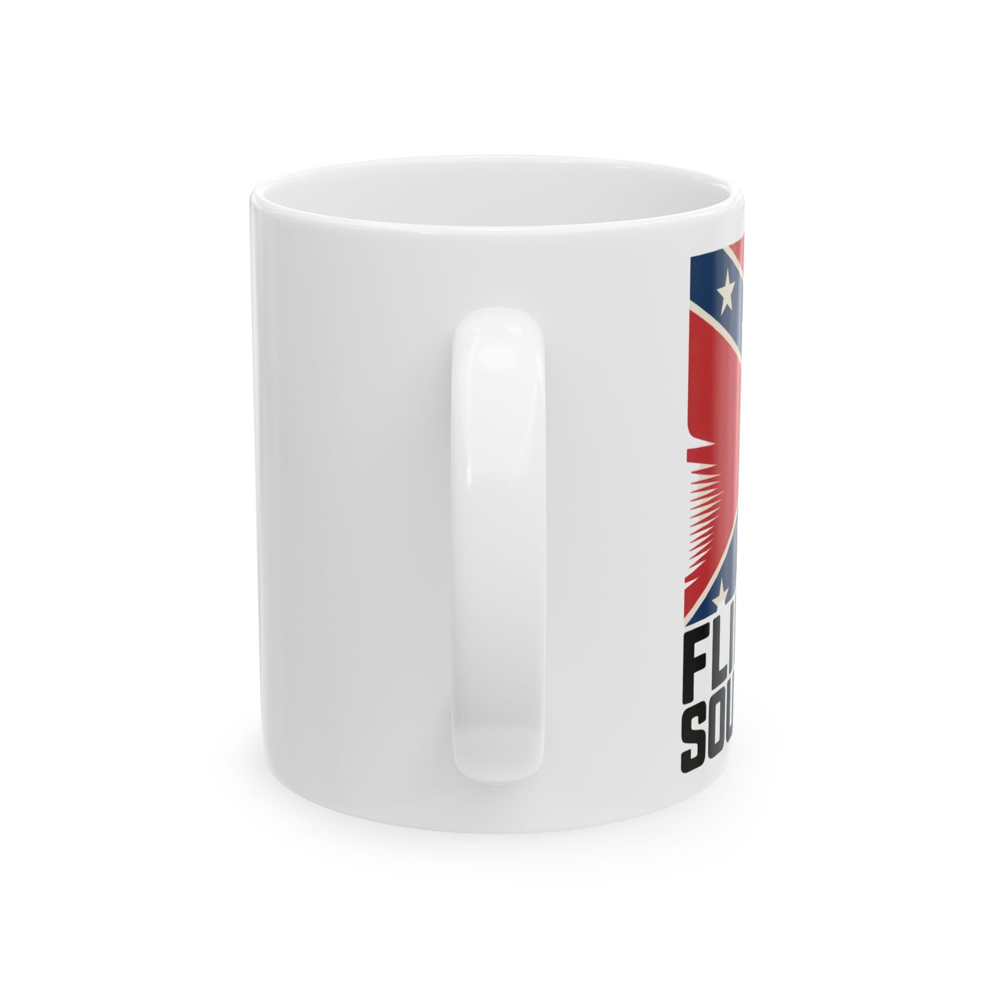 white ceramic mug with Confederate flag coffee mug design partially visible on the side