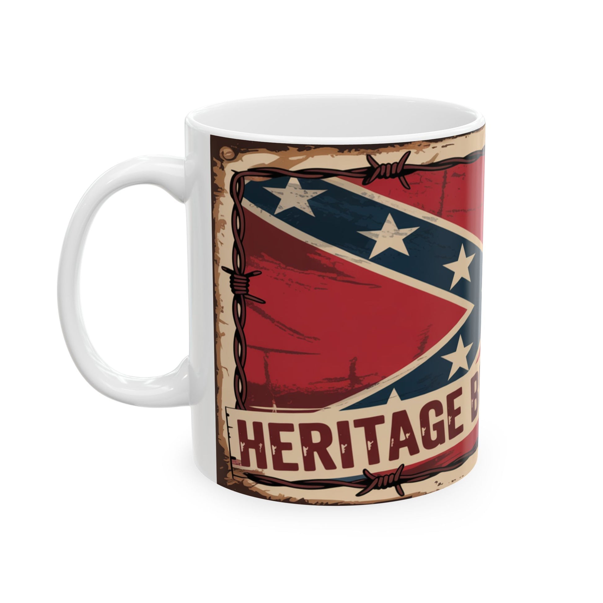 White ceramic confederate flag coffee mug with heritage design and barbed wire graphic