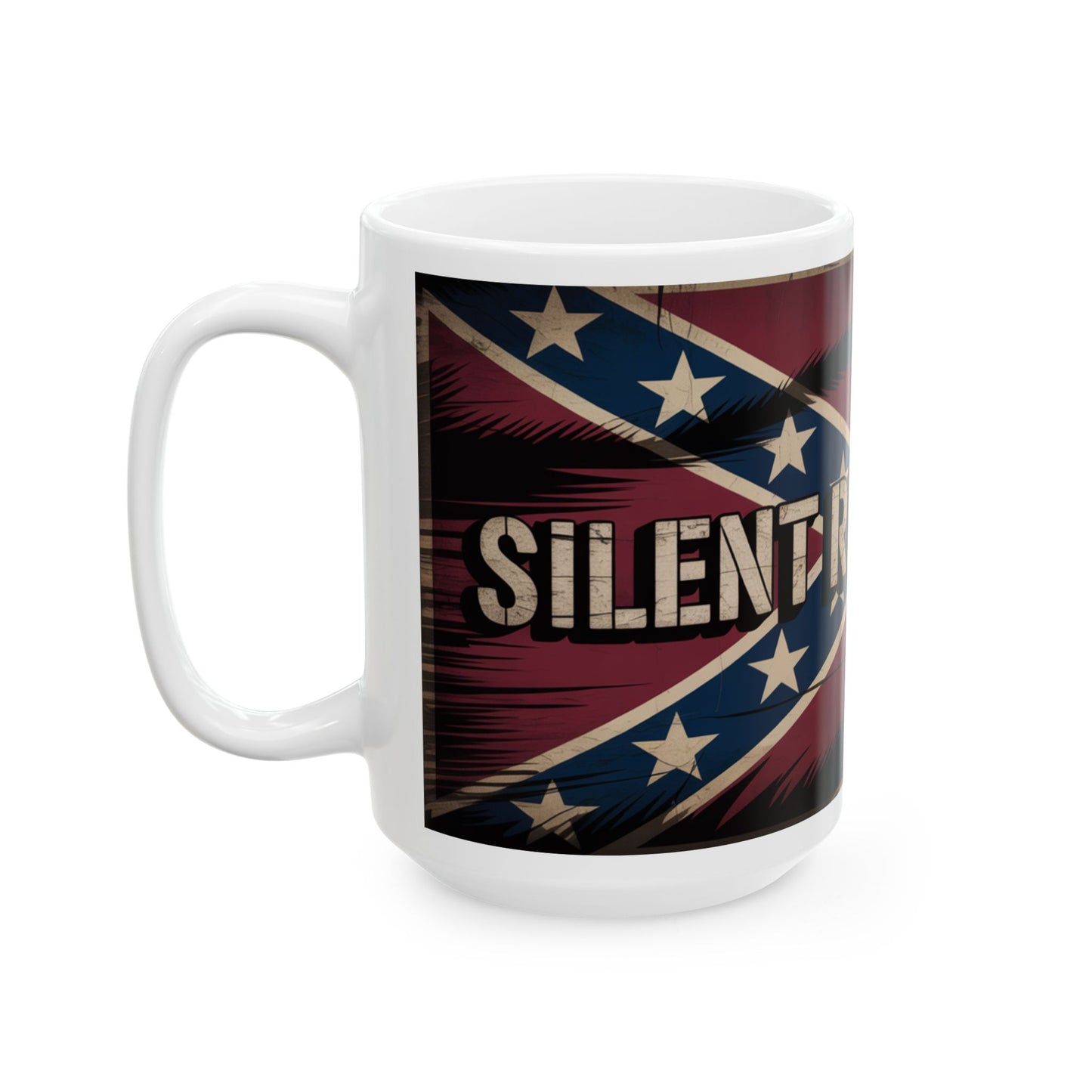 White ceramic coffee mug with Confederate flag coffee mug design and Silent Proud text