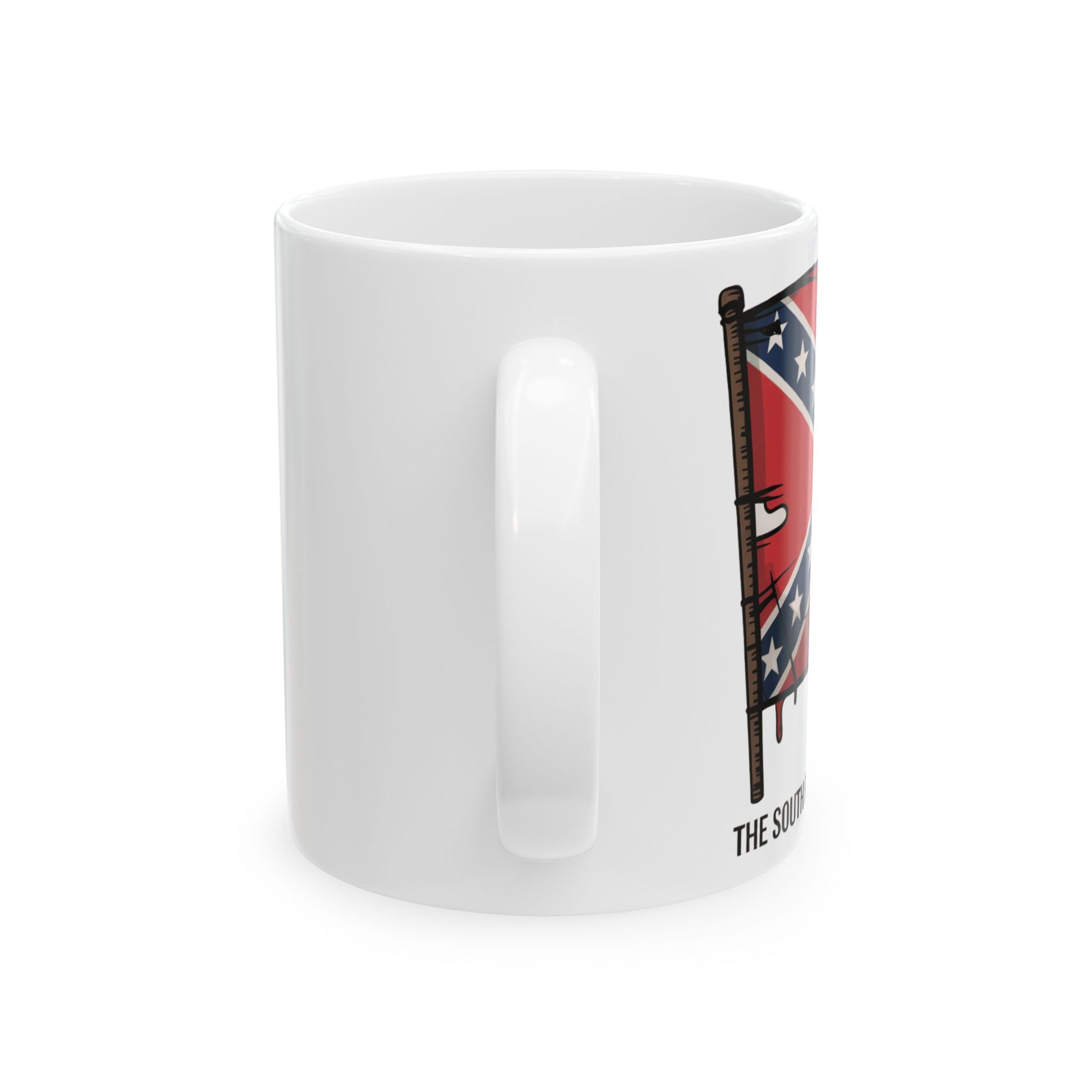 White ceramic Confederate flag coffee mug with handle and partial vintage flag design