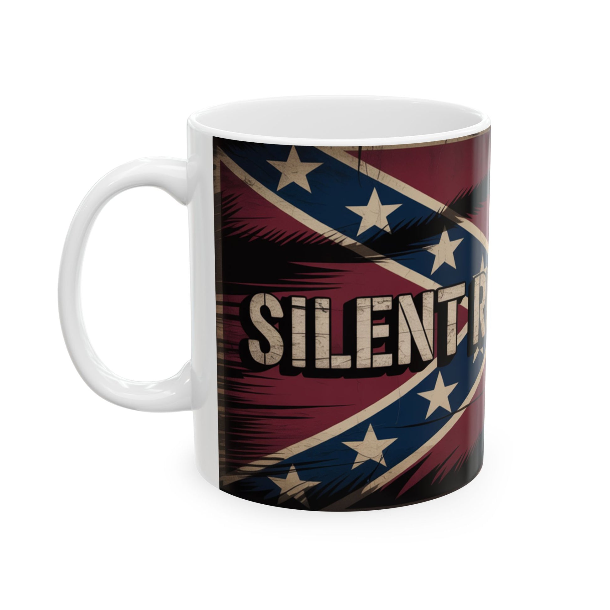 White ceramic confederate flag coffee mug with distressed flag design and Silent Rifle text
