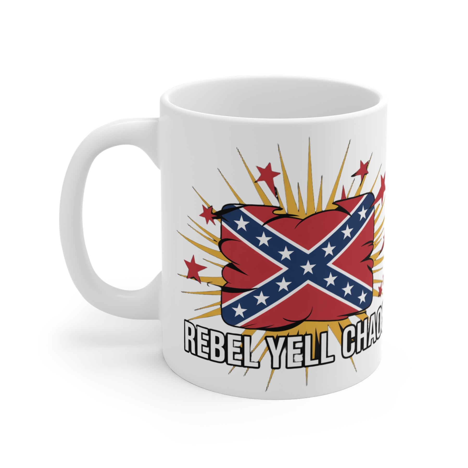 White confederate flag coffee mug with rebel yell chaos design and stars printed 