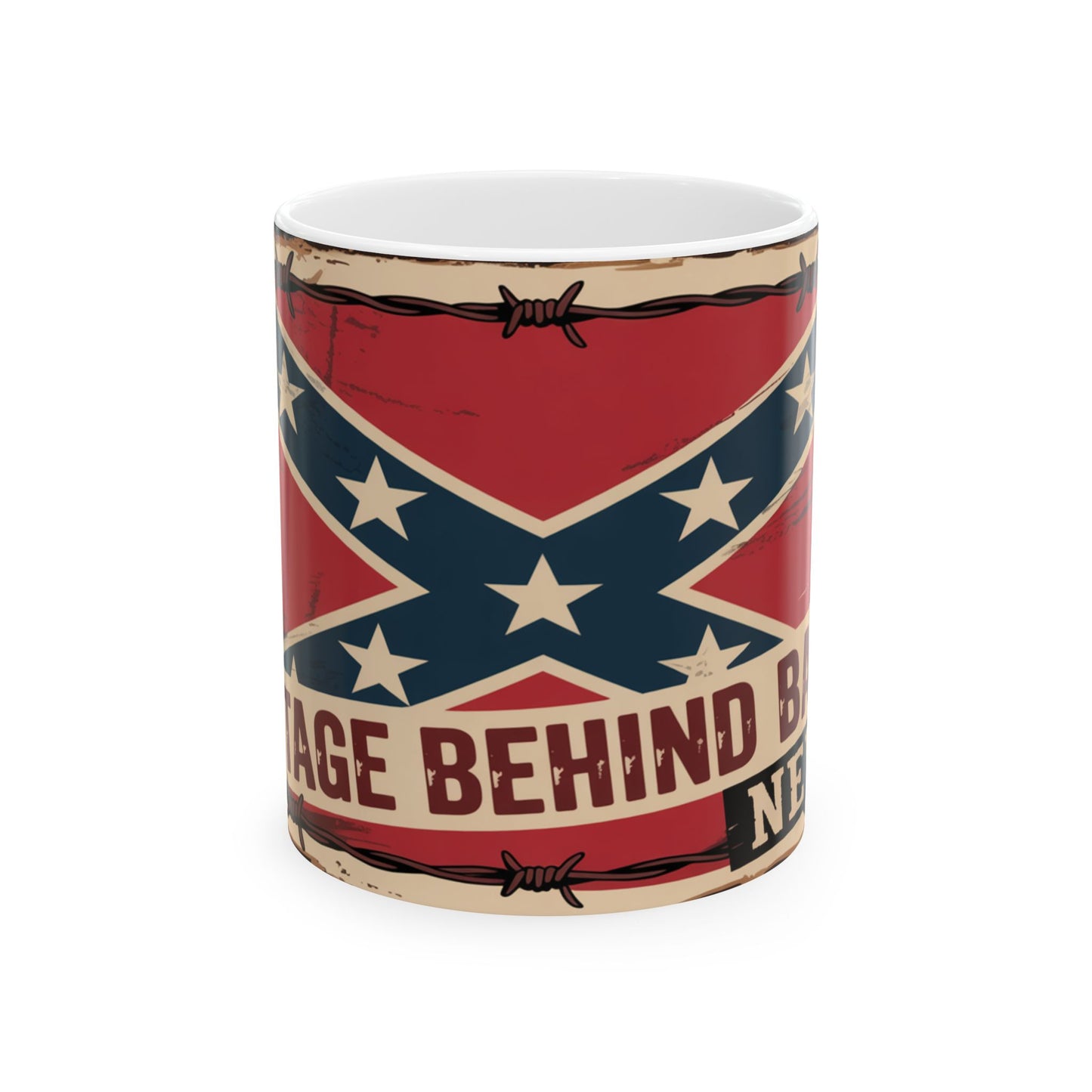 Confederate flag coffee mug with vintage design and barbed wire border