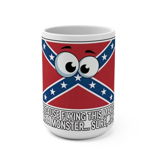 Confederate flag coffee mug with cartoon eyes and humorous text printed by Printify