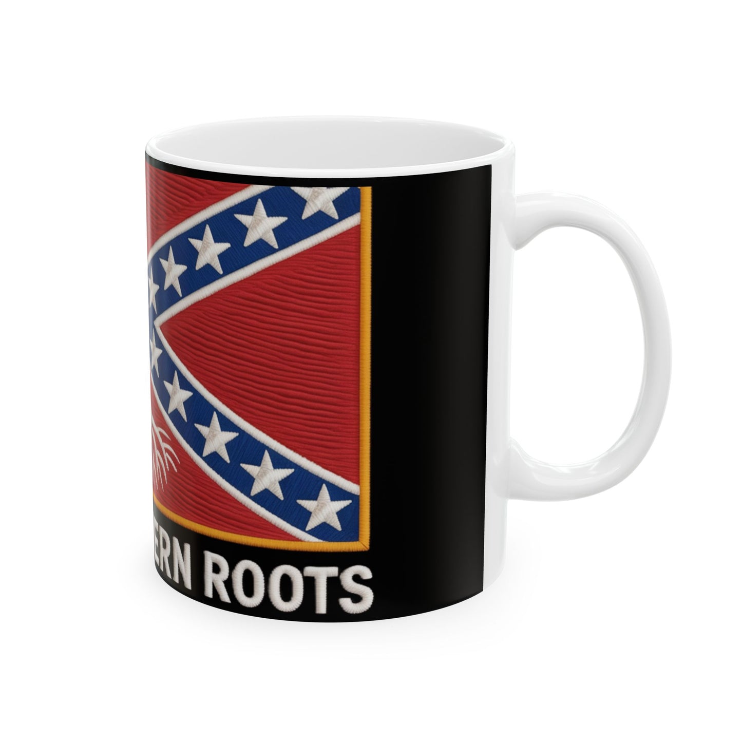 Confederate flag coffee mug with Southern Roots design on black background