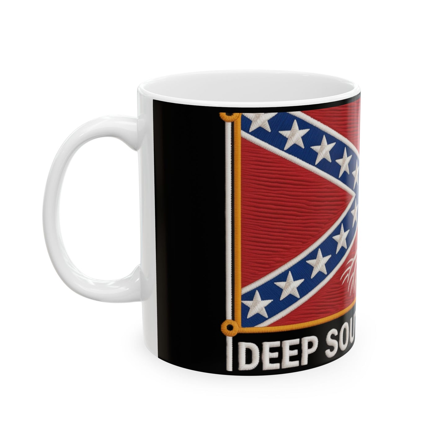 White ceramic mug featuring a Confederate flag coffee mug design with deep south text