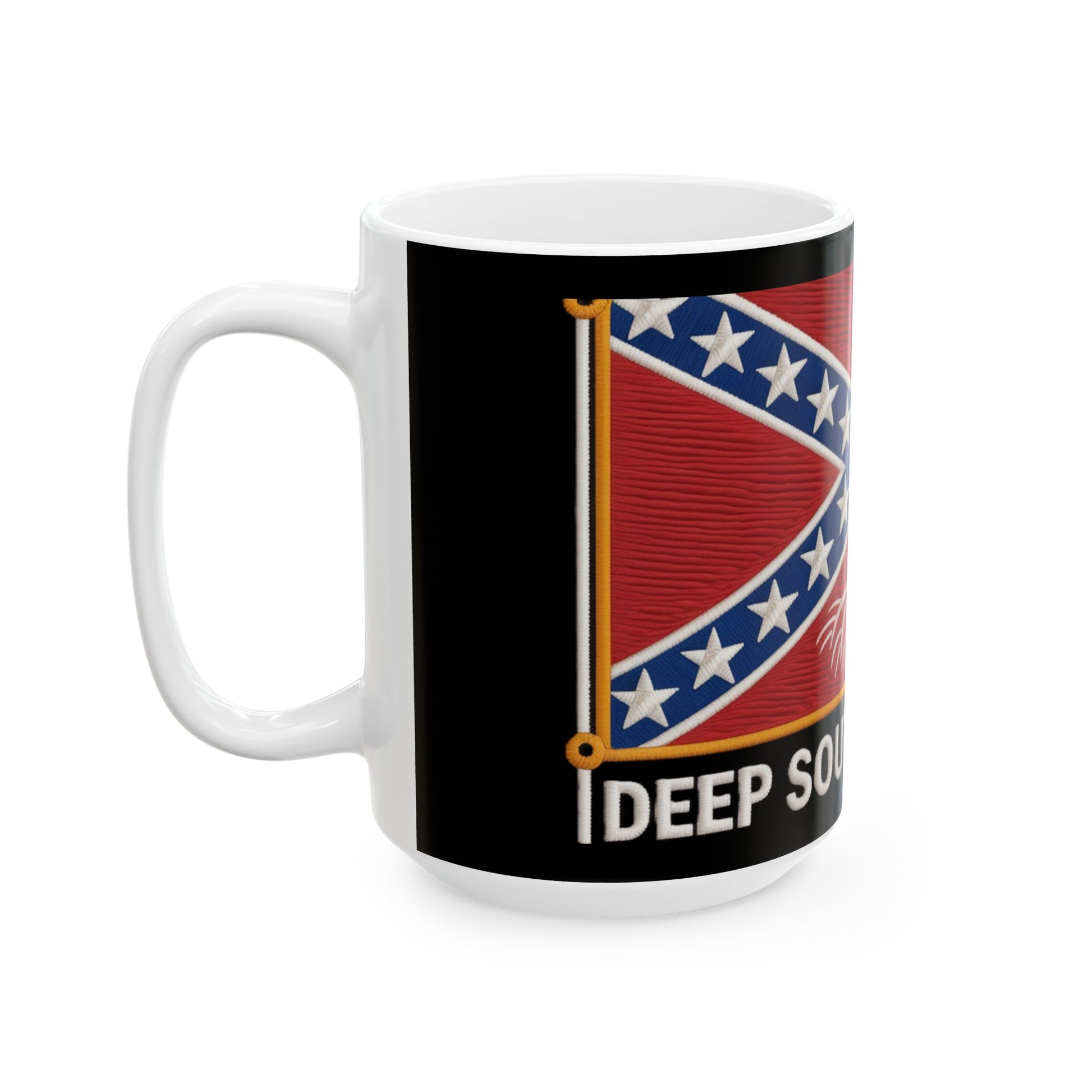 White ceramic mug featuring a Confederate flag coffee mug design with deep south text