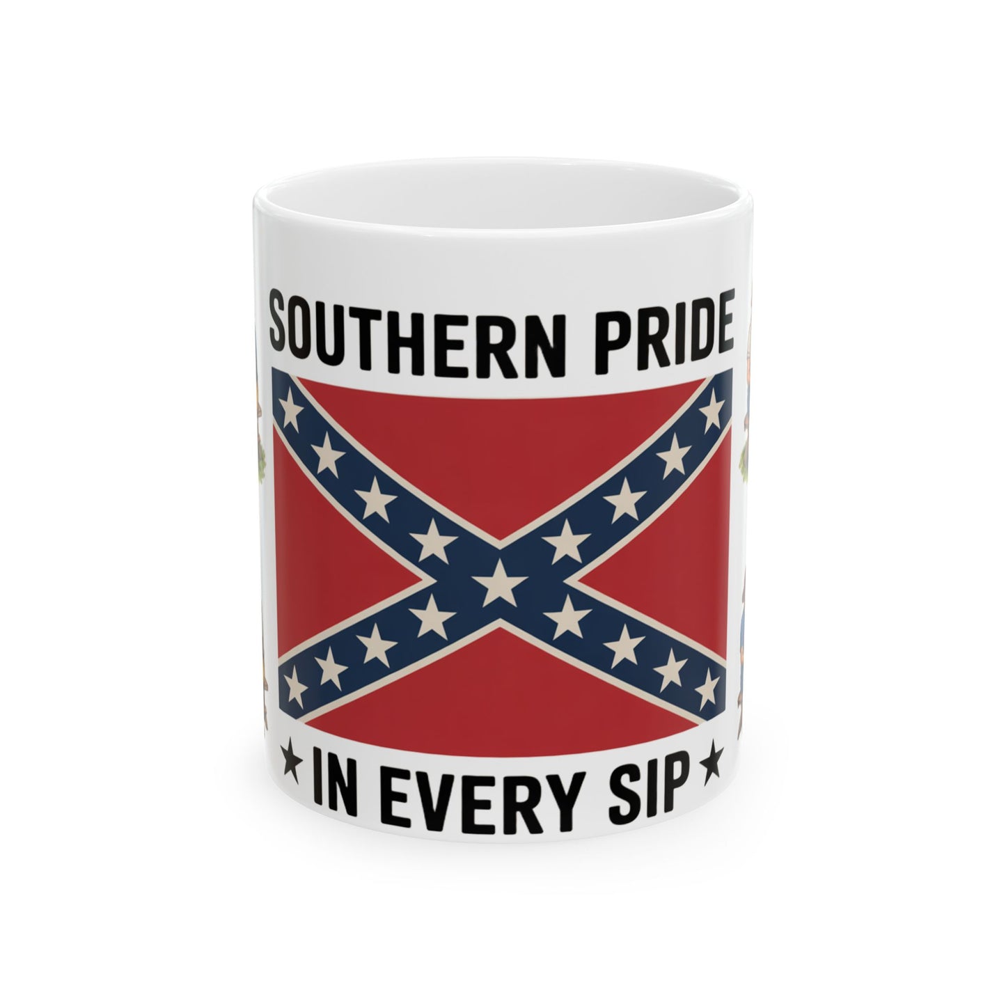 confederate flag coffee mug with Southern Pride in Every Sip slogan