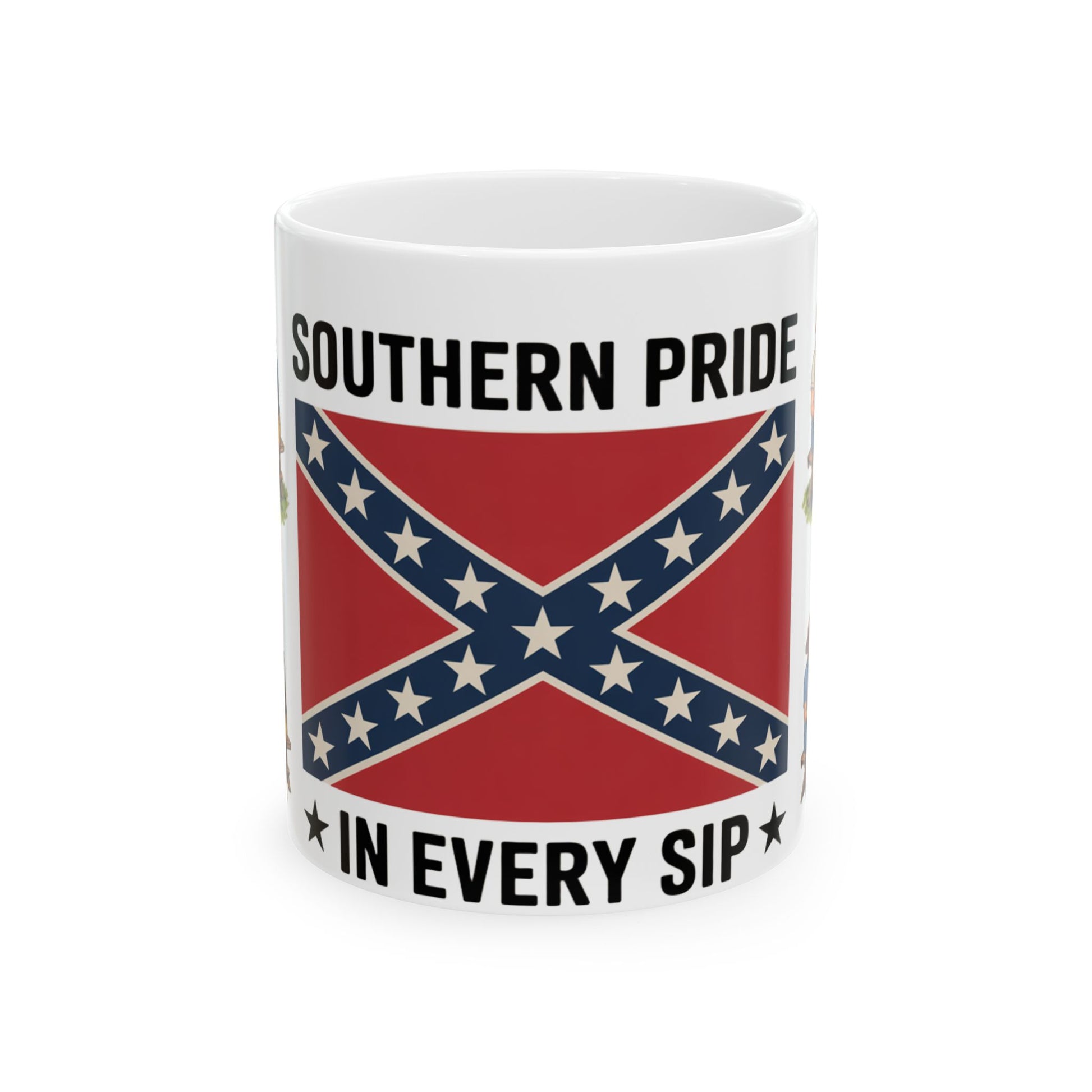 confederate flag coffee mug with Southern Pride in Every Sip slogan