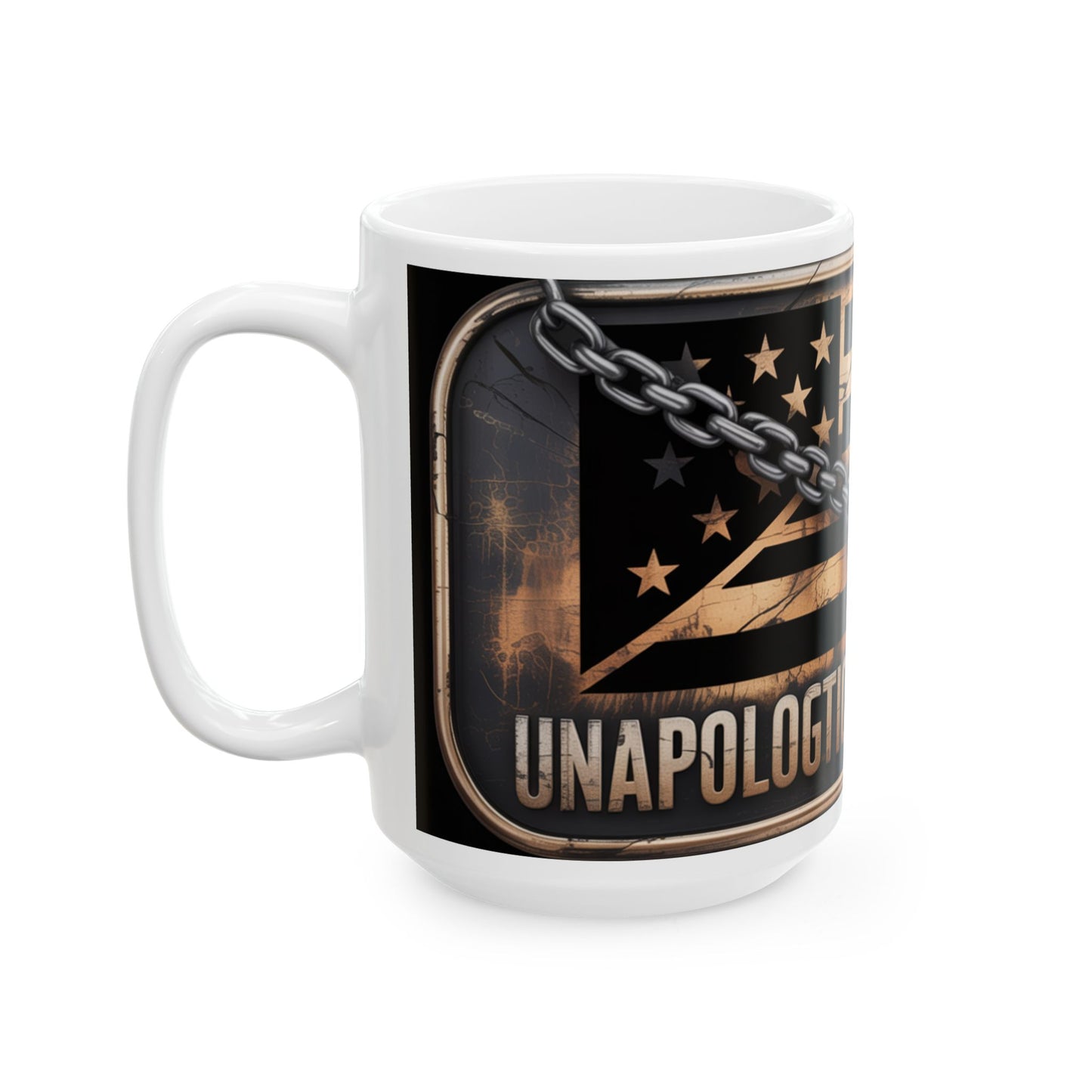 White mug featuring a Confederate flag coffee mug design with the word Unapologetic and chain graphic