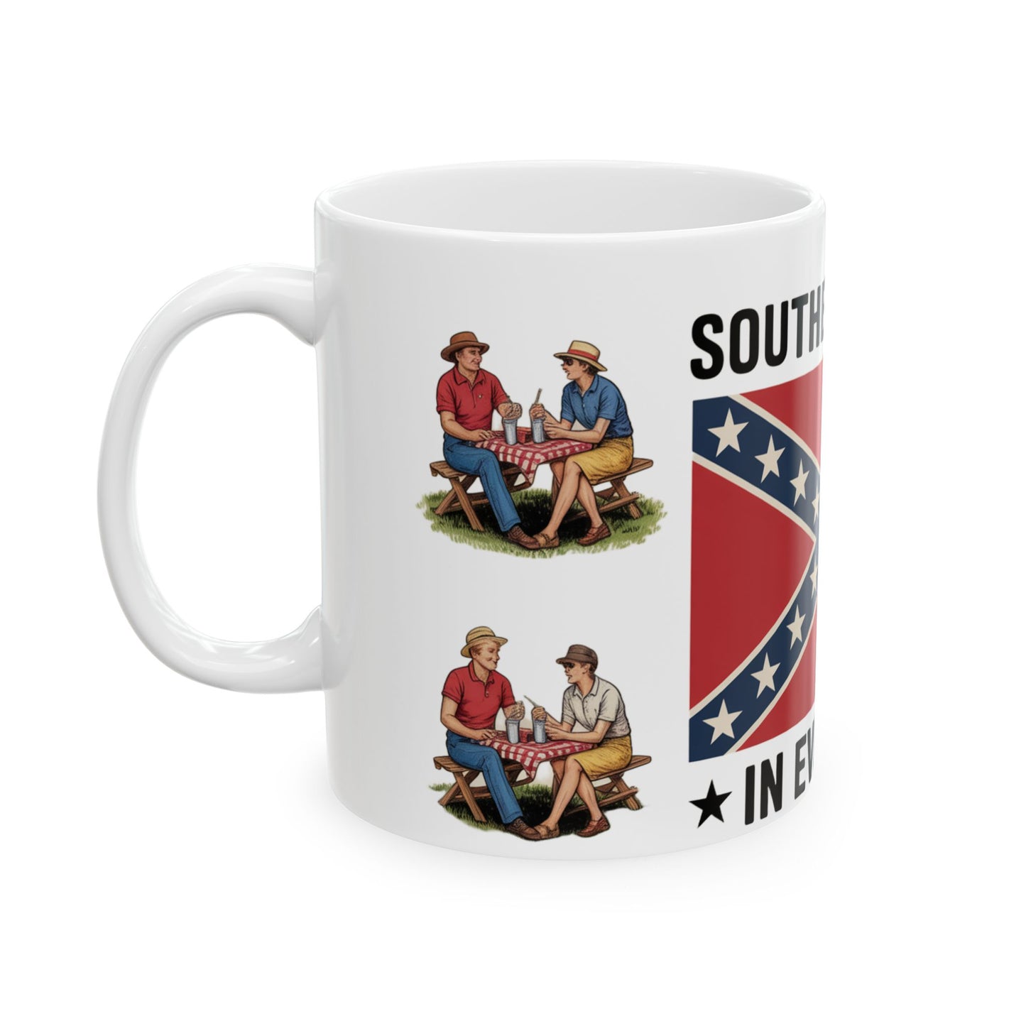 confederate flag coffee mug with vintage picnic illustration on white ceramic
