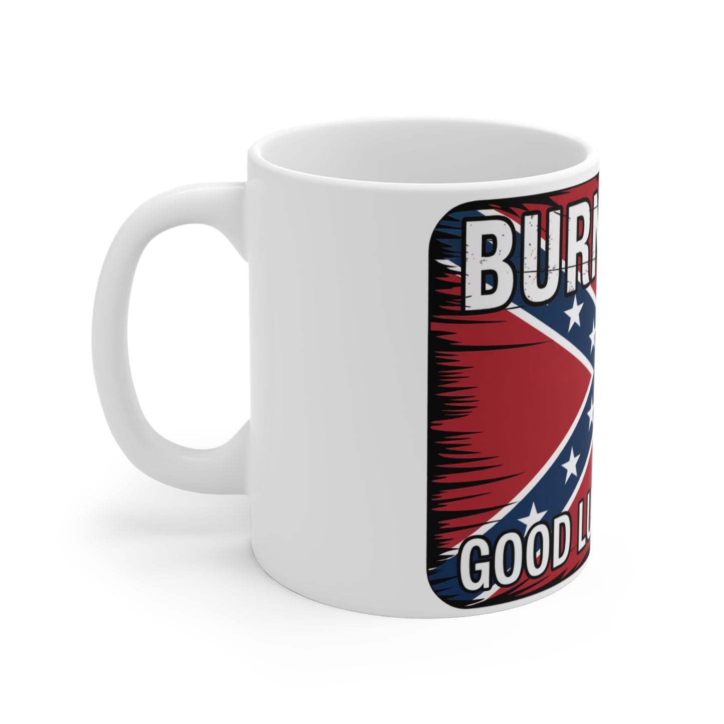 white mug featuring Confederate flag coffee mug design with bold red and blue colors