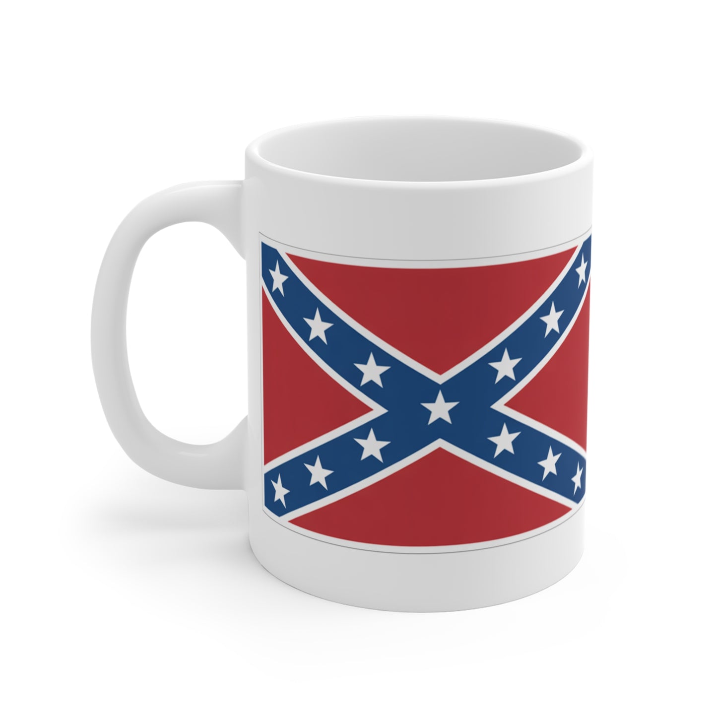 White ceramic Confederate flag coffee mug with blue and red design and white stars 