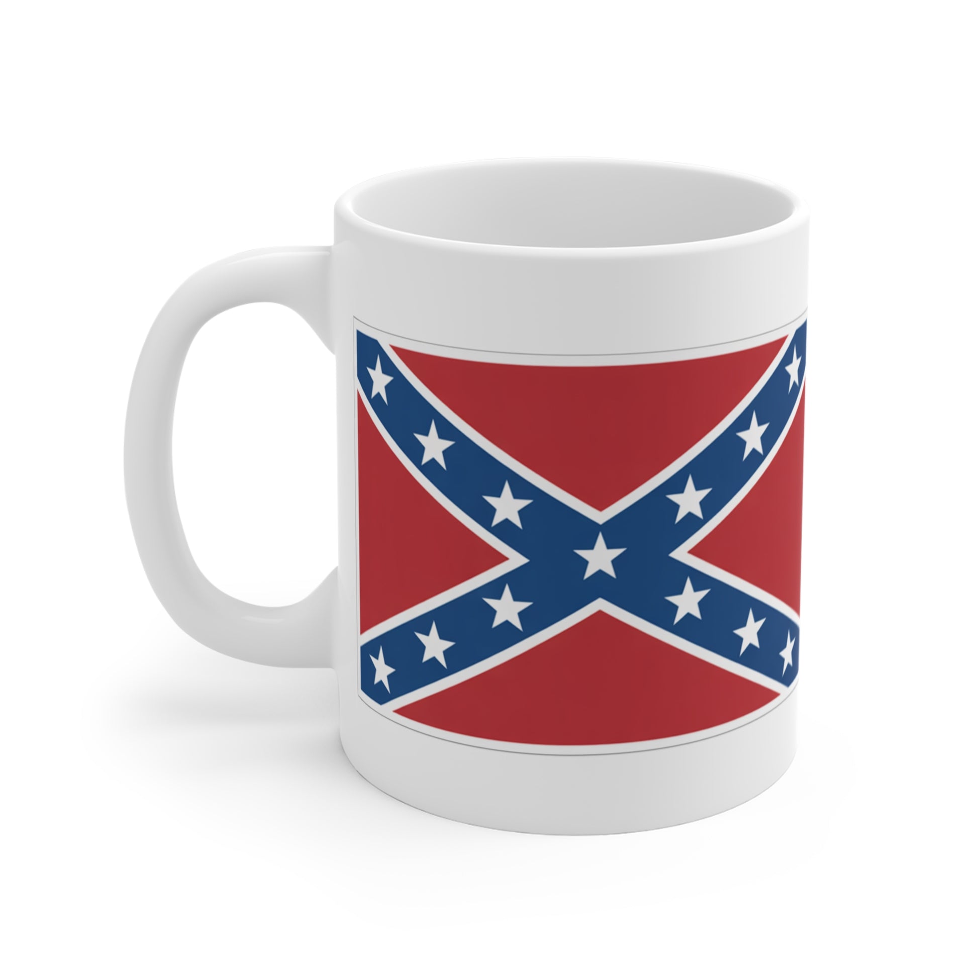 White ceramic Confederate flag coffee mug with blue and red design and white stars 